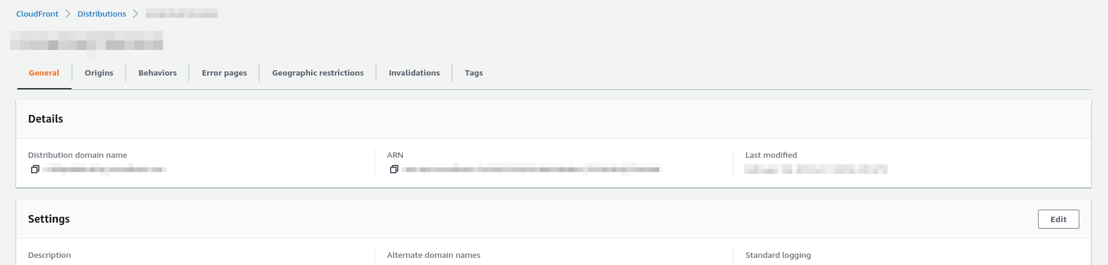 CloudFront distribution screen