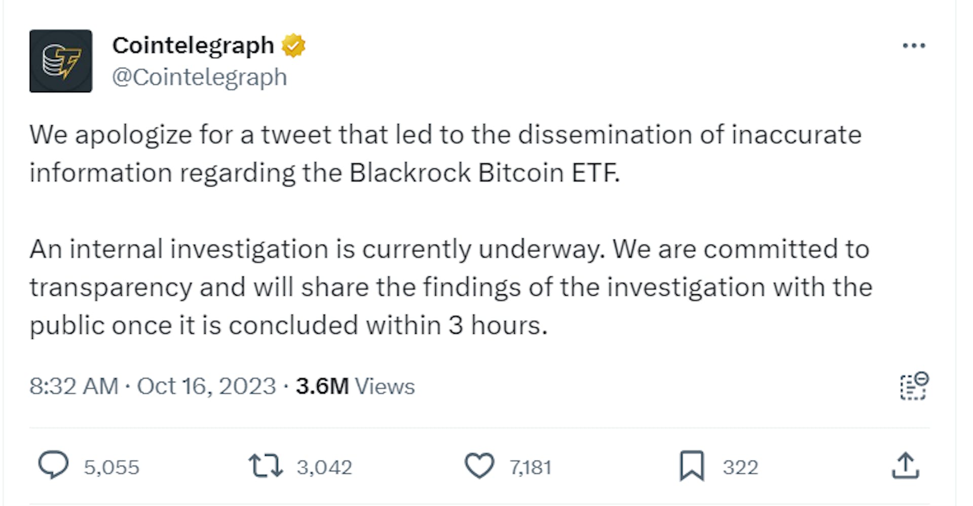 Source: https://twitter.com/Cointelegraph/status/1713925876969017792