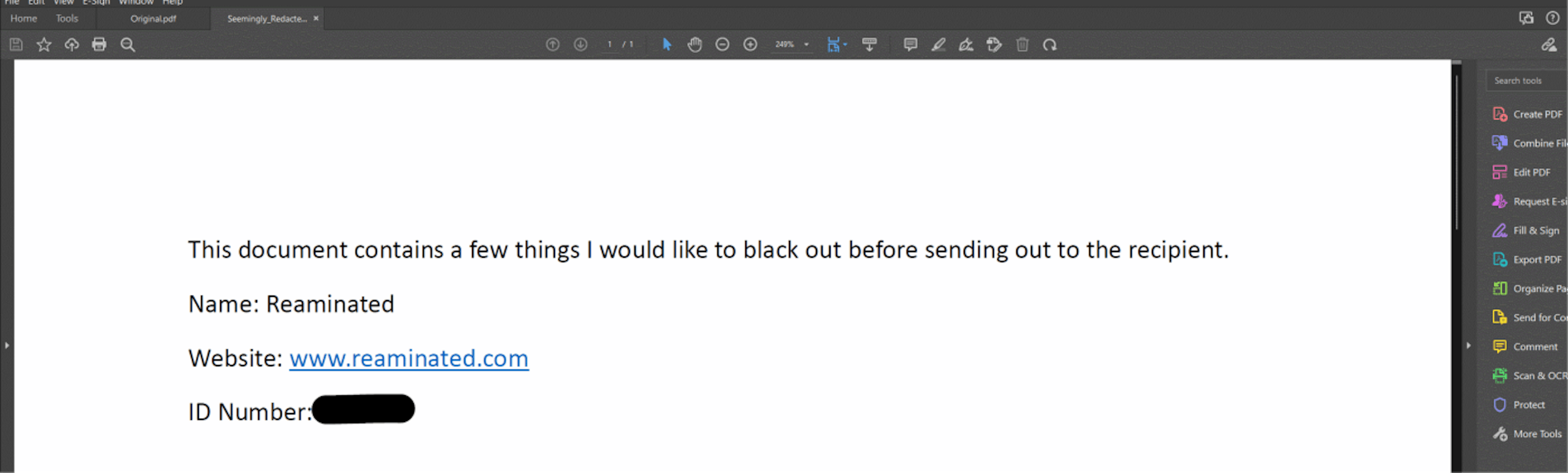 After saving the file as “Seemingly_Redacted.pdf”, and opening it in Acrobat, a user can easily remove the line to expose the text that should be hidden