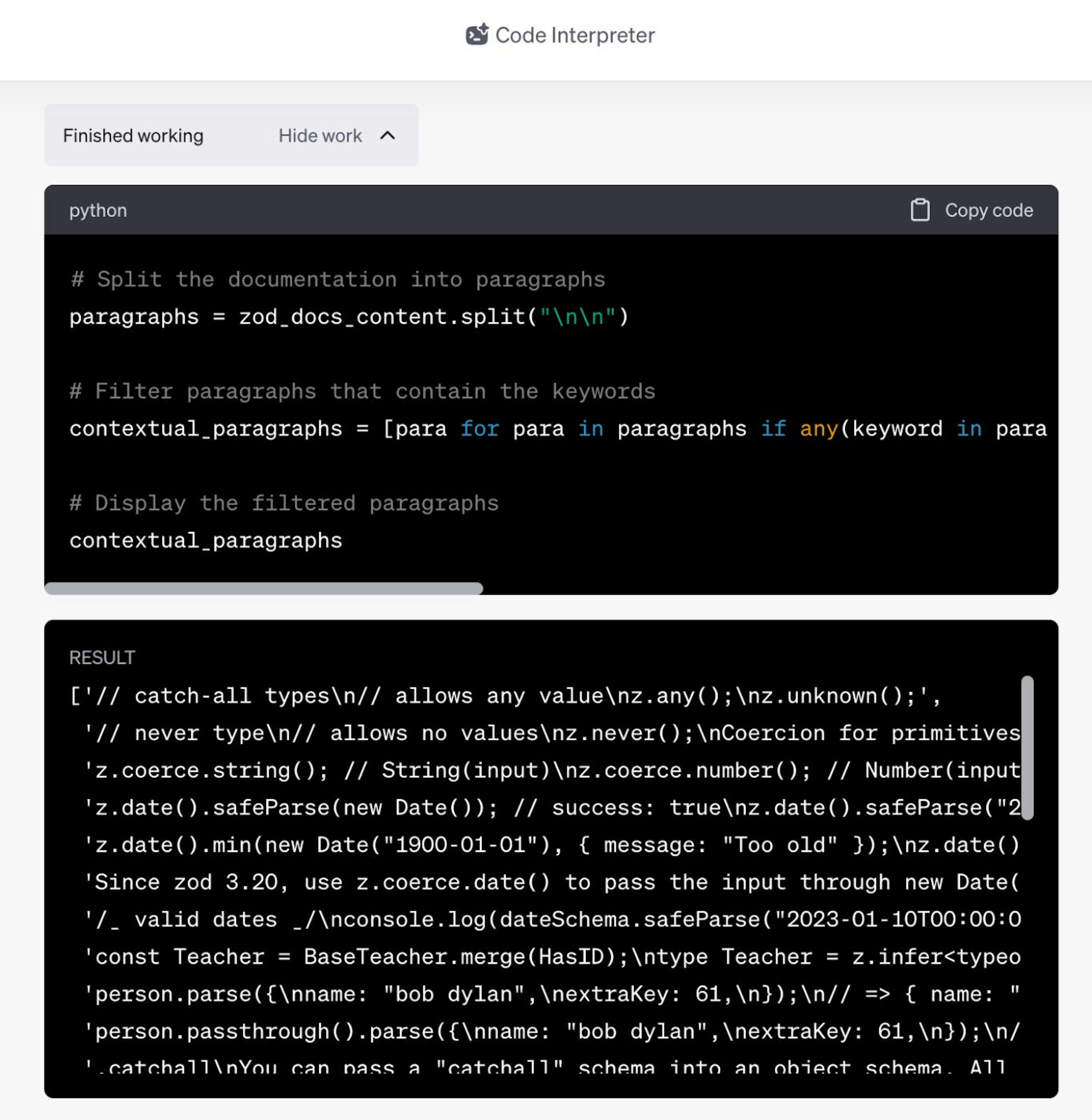 Example of how Code Interpreter will try to analyze a text file