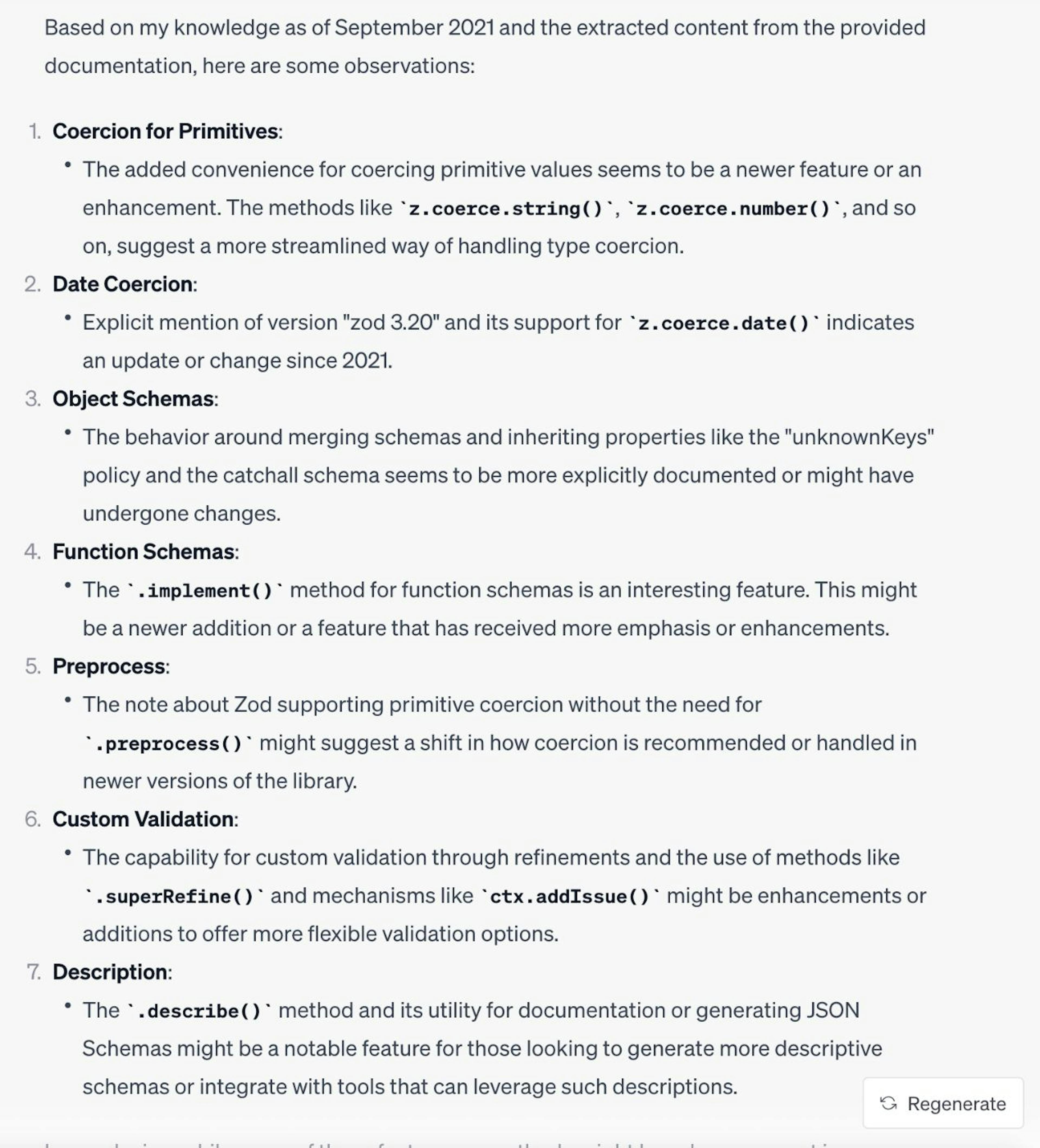 Example of how Code Interpreter analyzed Zod’s documentation for changes since 2021