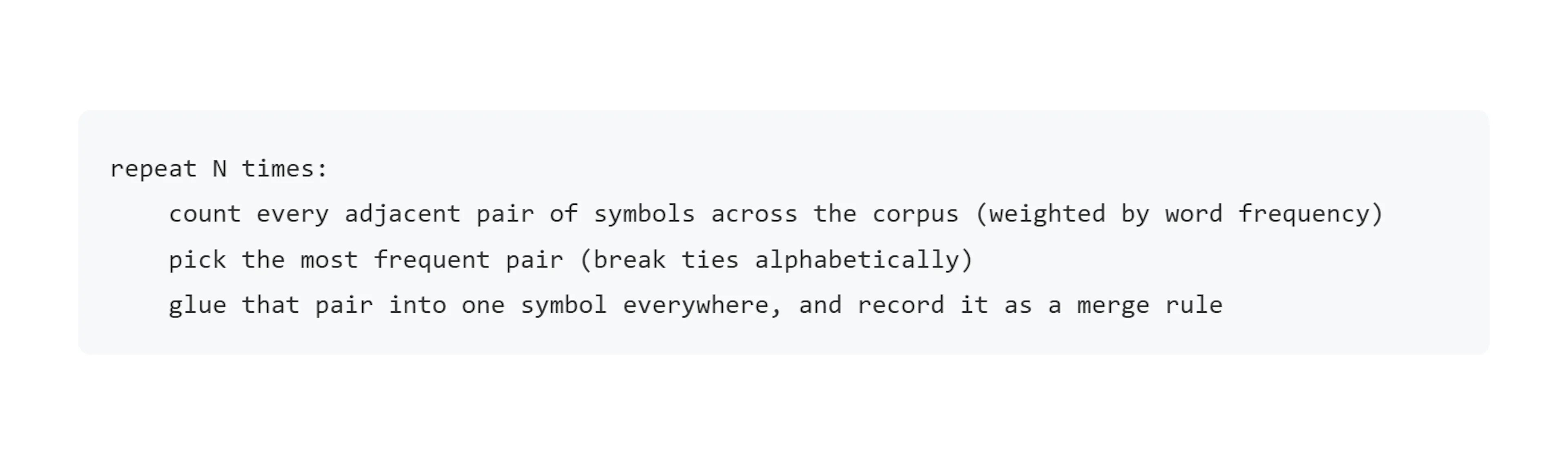 Pseudocode for tokenizer