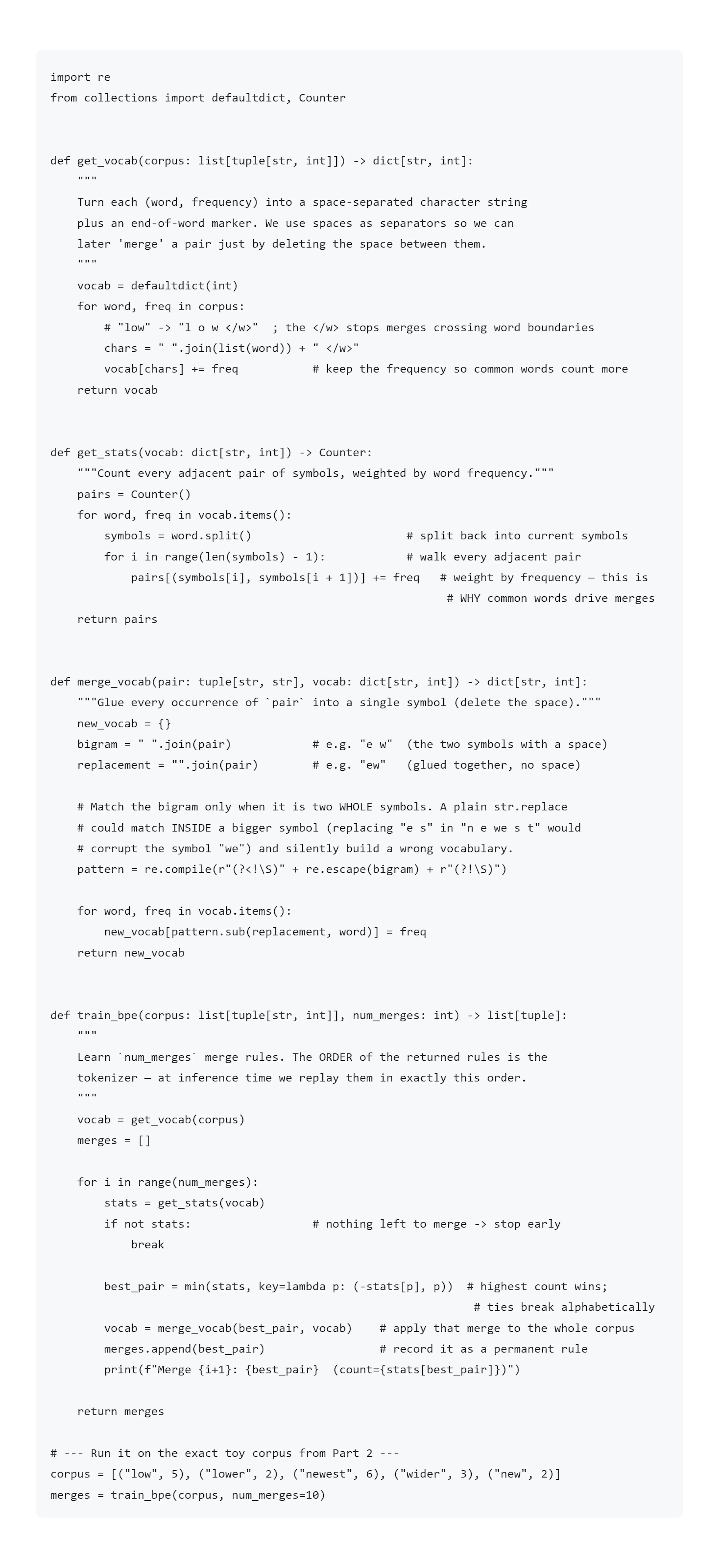 Python code example for the tokenizer