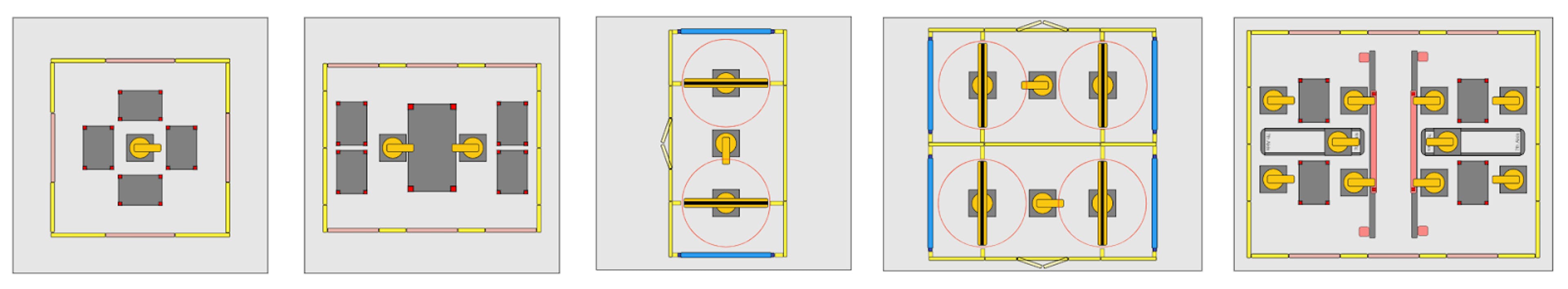 Schematic layouts of different robotic cells.