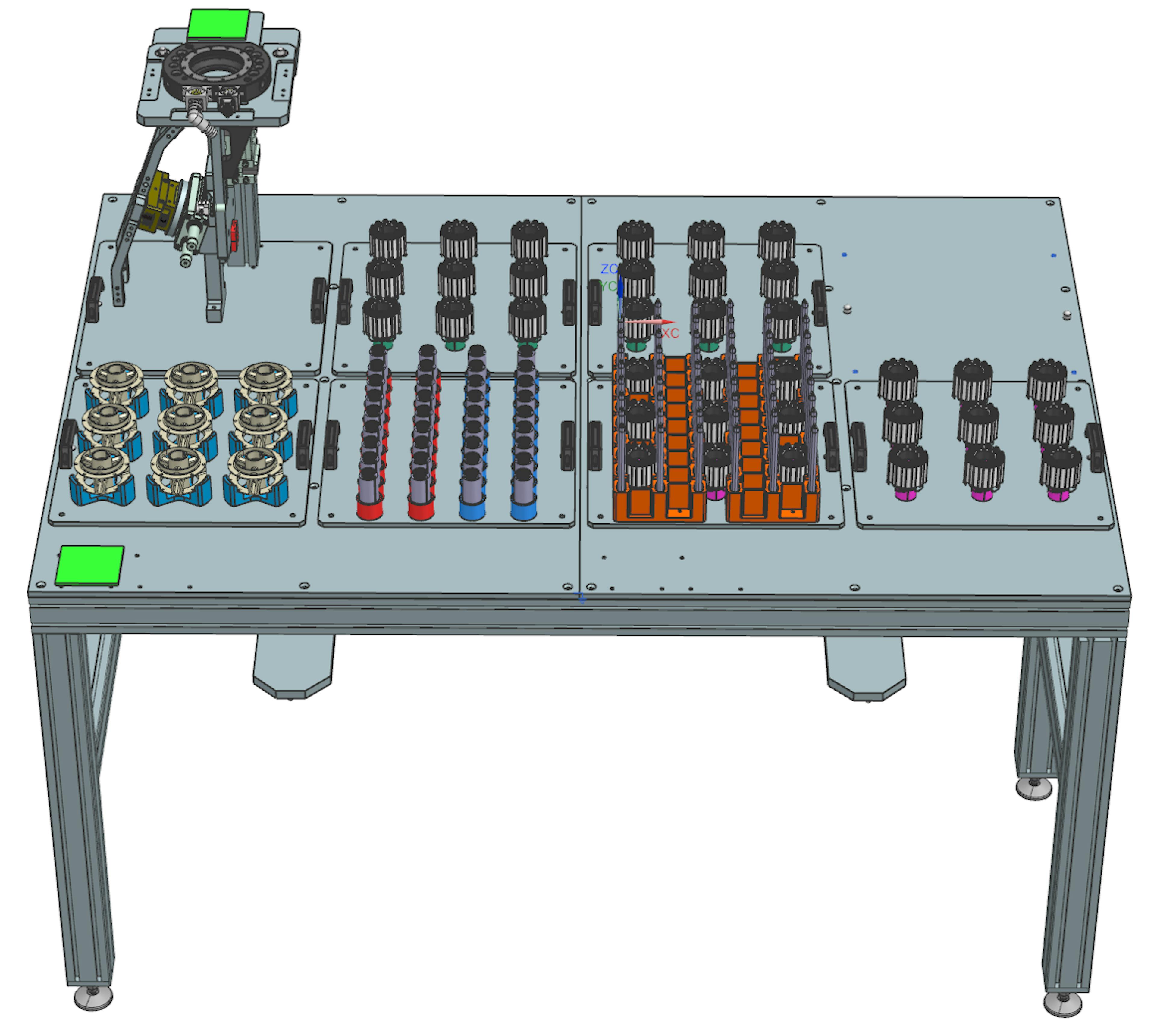 An example of a passive module carrying a kit of parts for motor assembly and a robot assembly tool for their manipulation. 