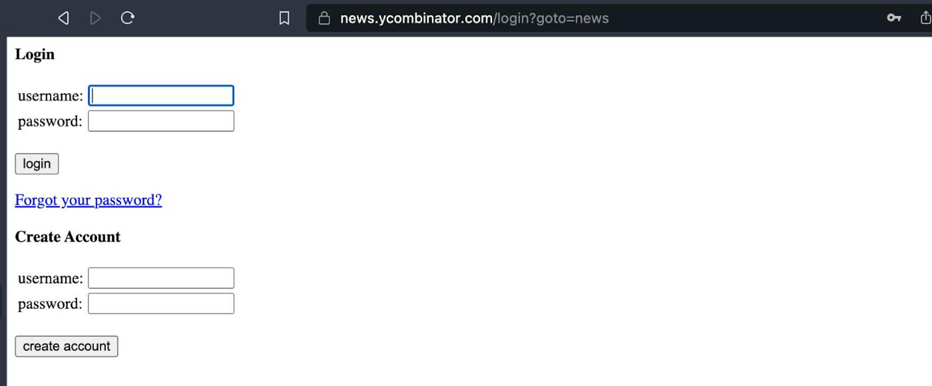 Página de login do YC Hacker News