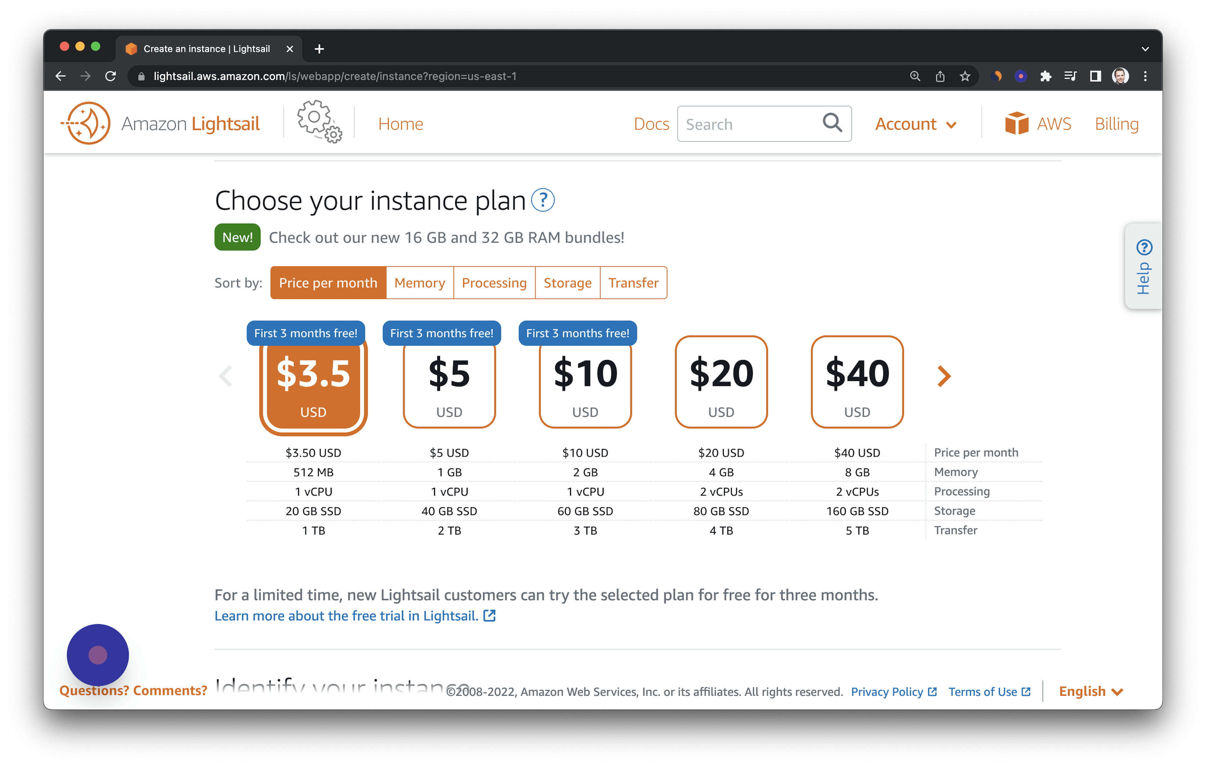 Amazon Lightsail Instance sizes and prices