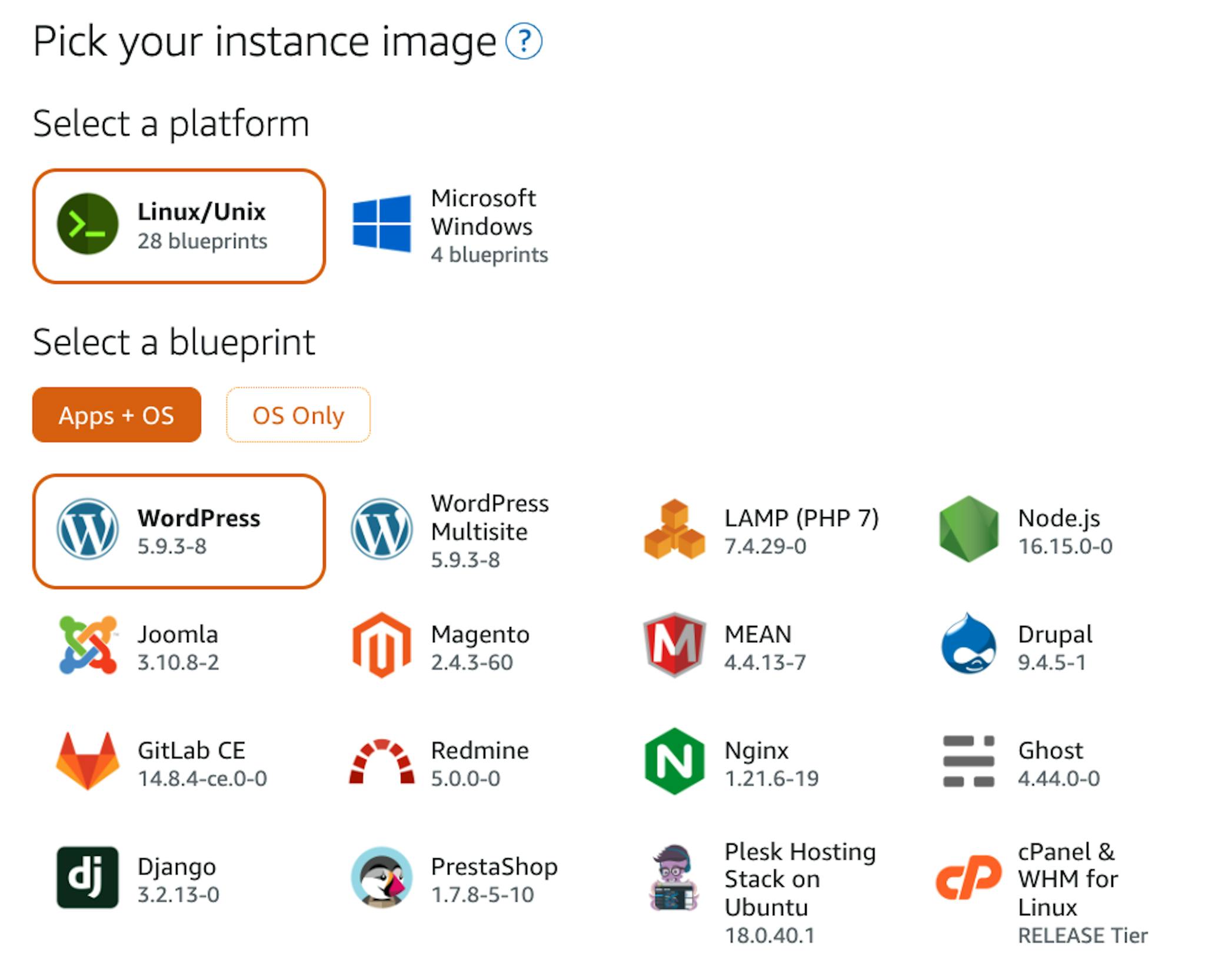 Amazon Lightsail Application Blueprint Options