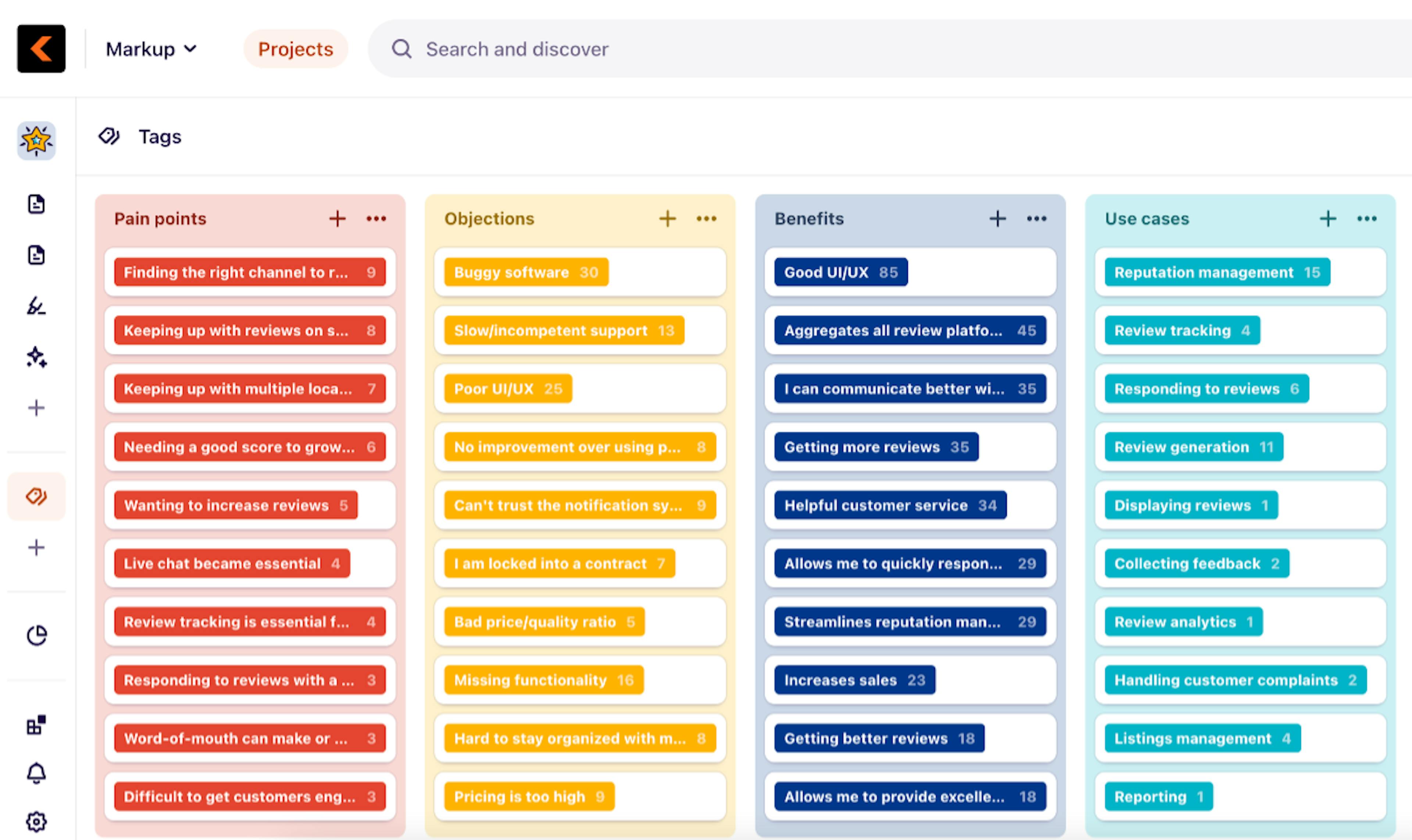 Above: how Stack Against tallies up issues using Dovetail app