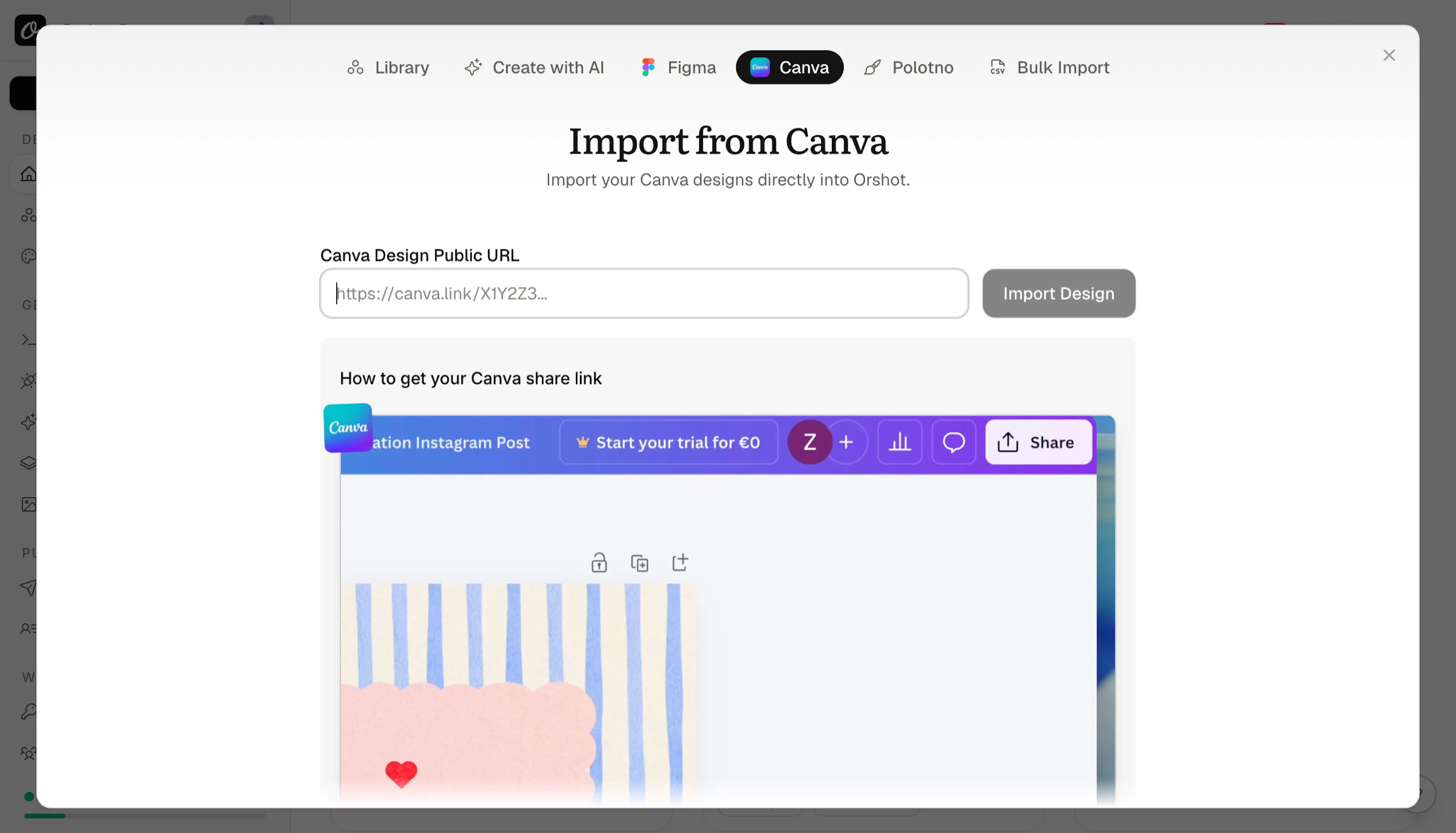 The Import from Canva tab with a field for the Canva public URL and an Import Design button