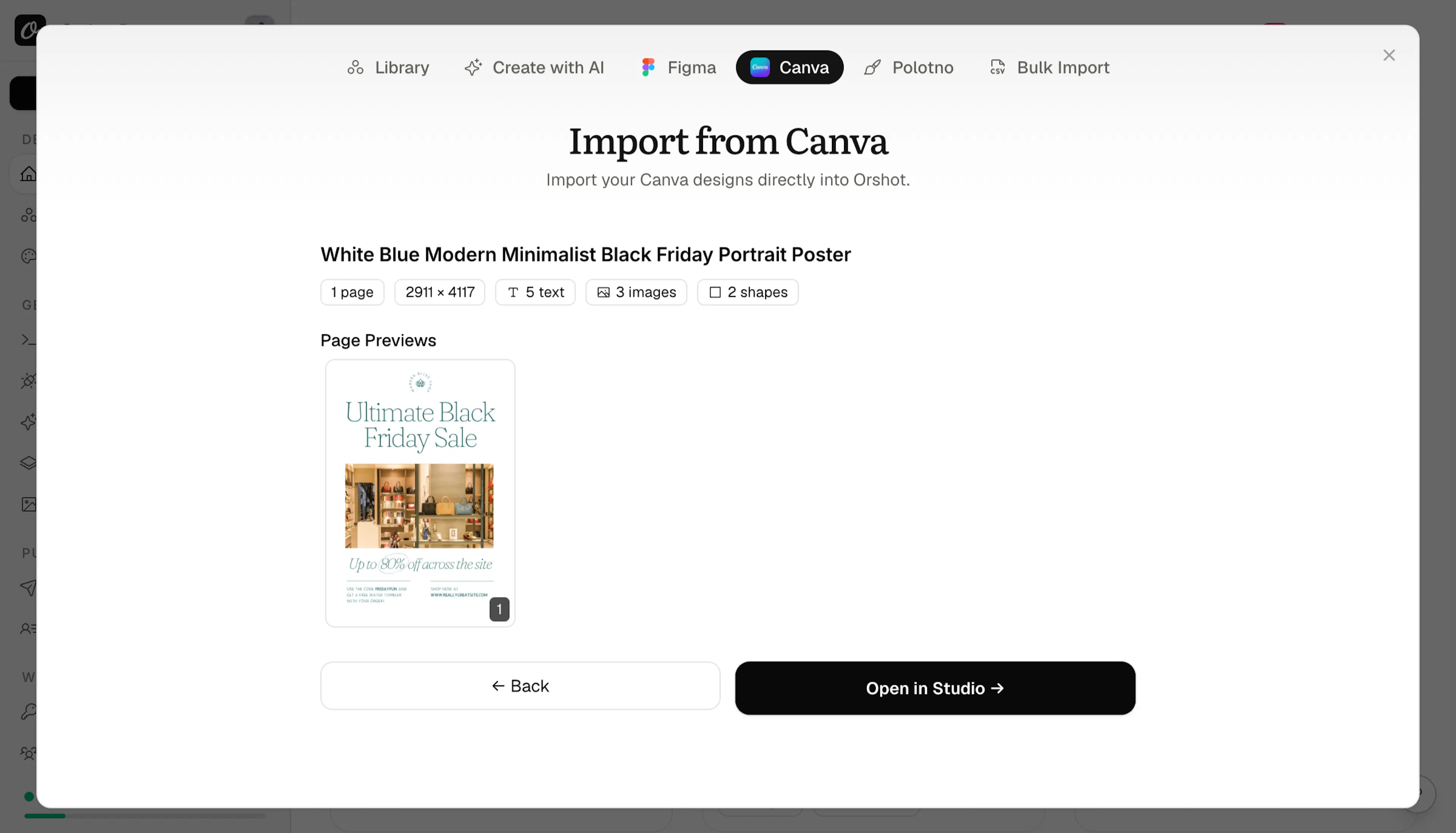 Import result showing the parsed Black Friday poster with 1 page, 2911x4117, 5 text, 3 images, 2 shapes