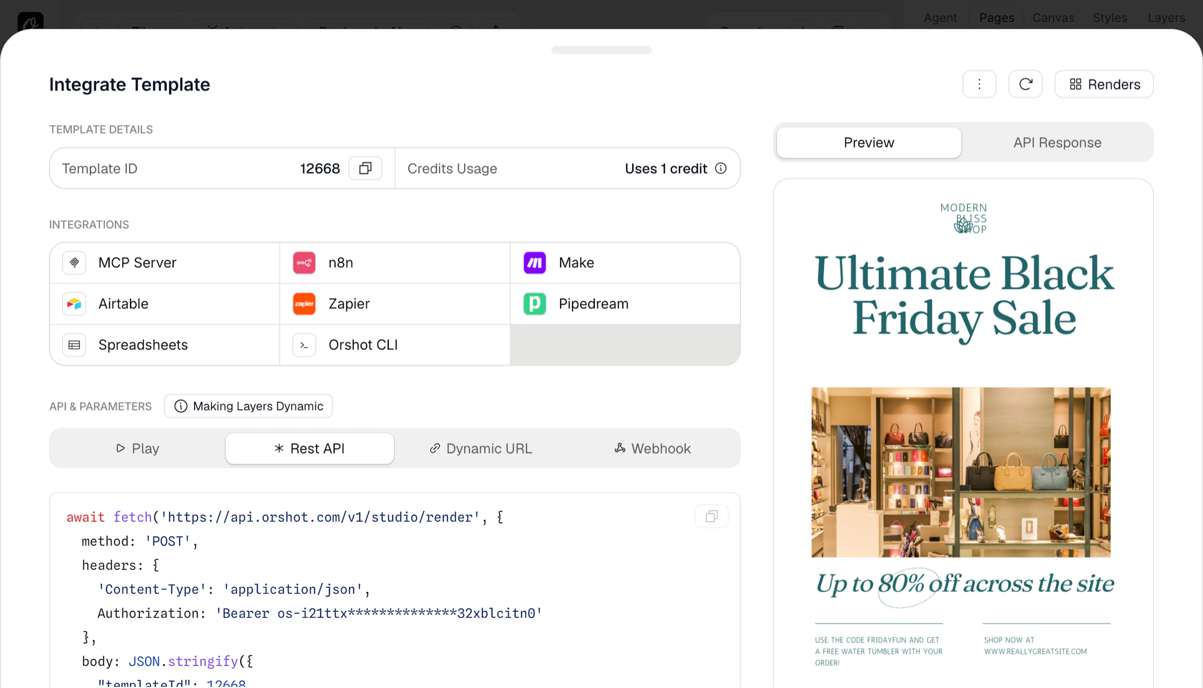 The imported design open in Orshot Studio as a fully editable template with a Layers panel
