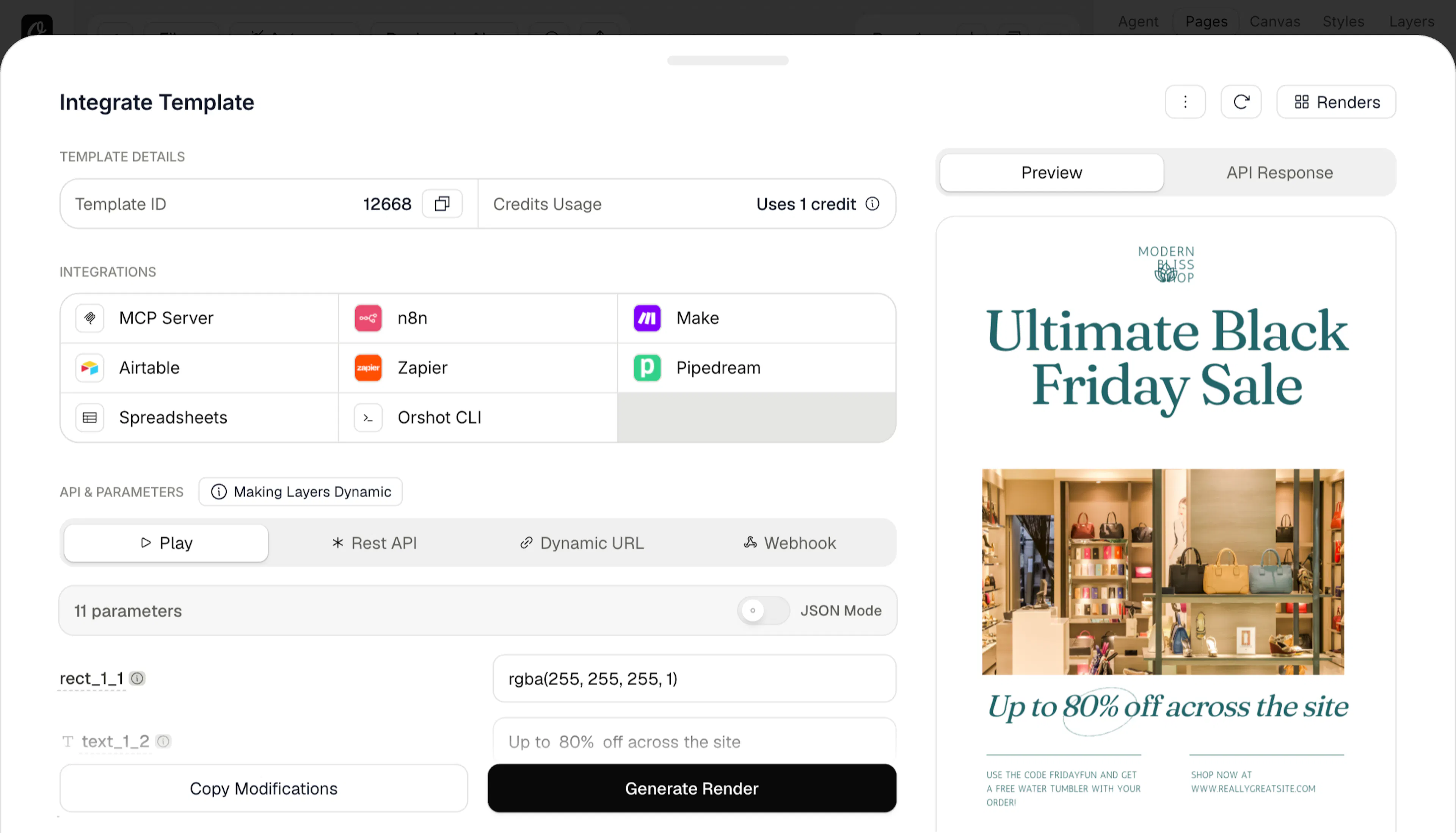 The New Template dialog in Orshot, showing the Canva import tab among Library, Figma, and Polotno options