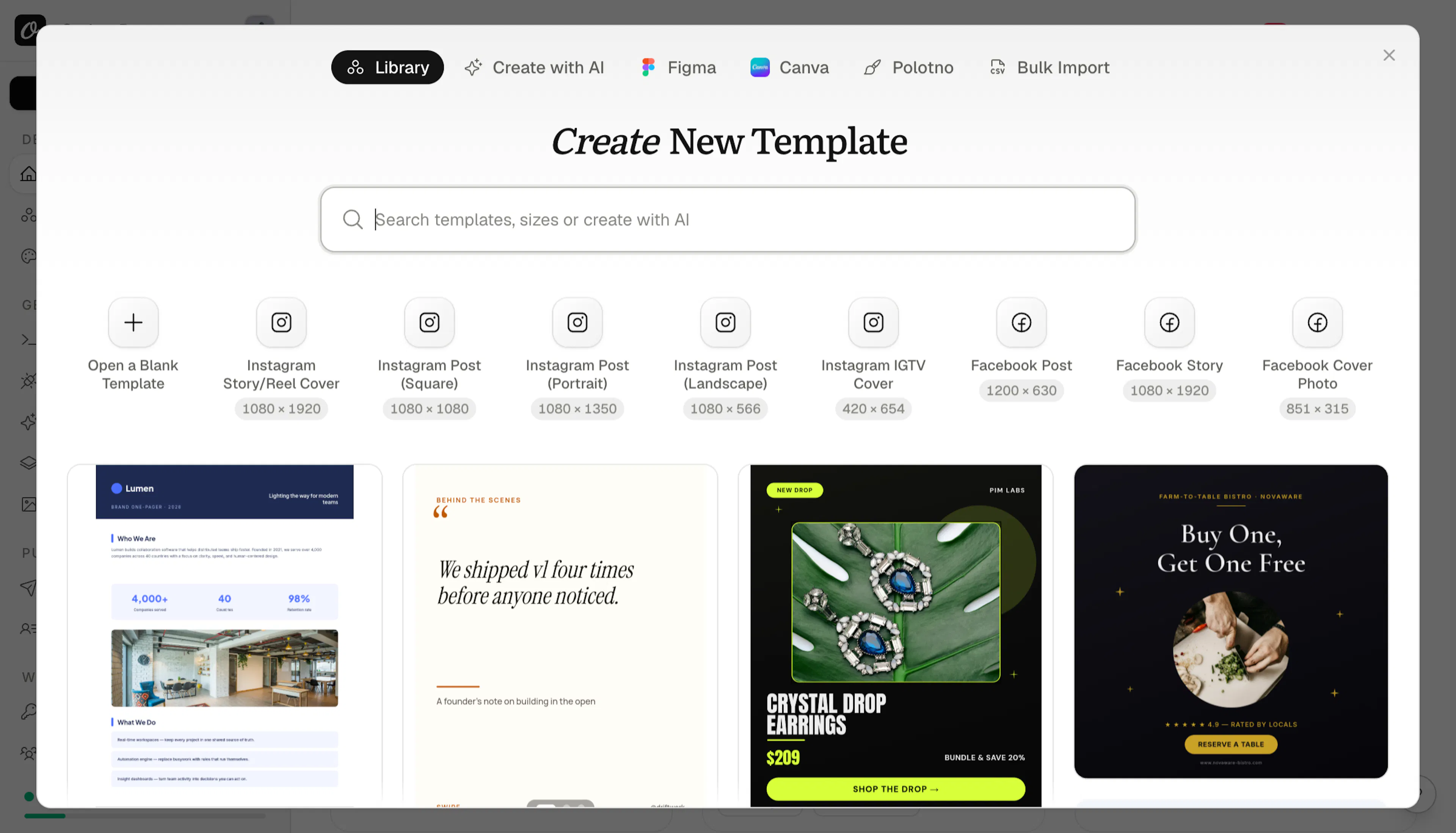 The New Template dialog in Orshot, showing the Canva import tab among Library, Figma, and Polotno options