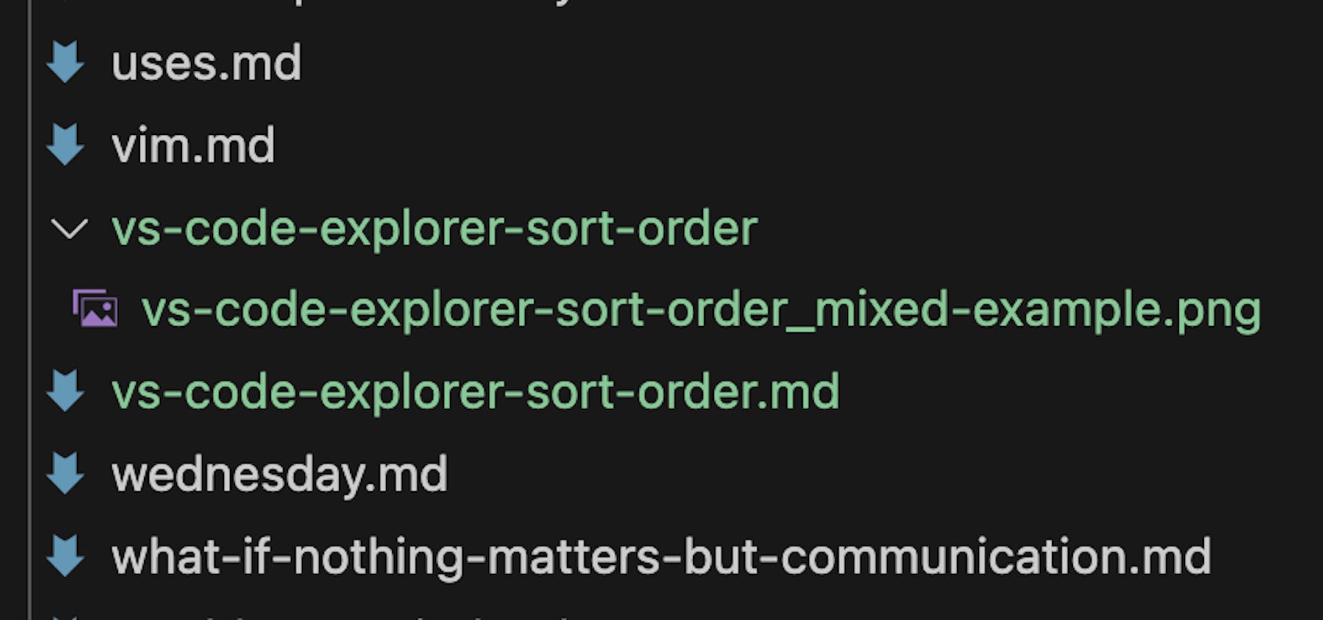 Screenshot of the Visual Studio Code Explorer, showing several markdown posts. With explorer.sortOrder: mixed, a directory of the same name as a post appears next to a post with the same name.