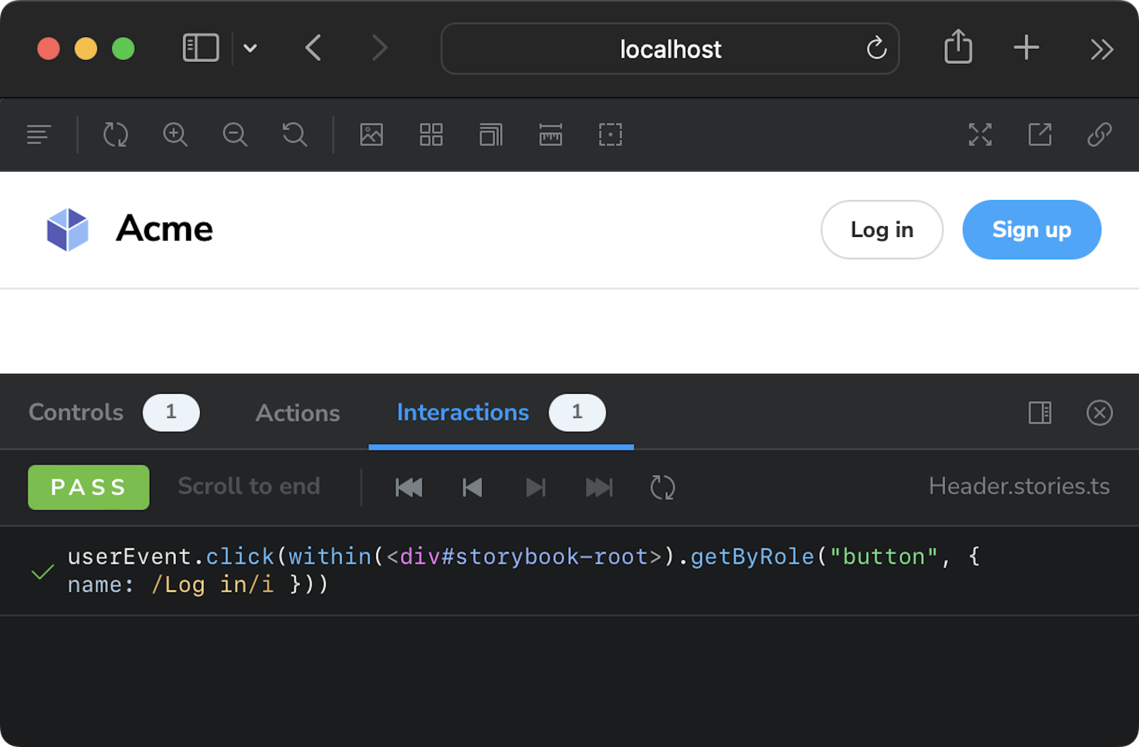 Story for Page that has had Login and Sign up buttons. The Log in button was clicked via Storybook interactions (play function), using testing-library/dom. The Interactions tab shows that the event was executed. And the Actions tab shows that the callback was called, with the React Event details.
