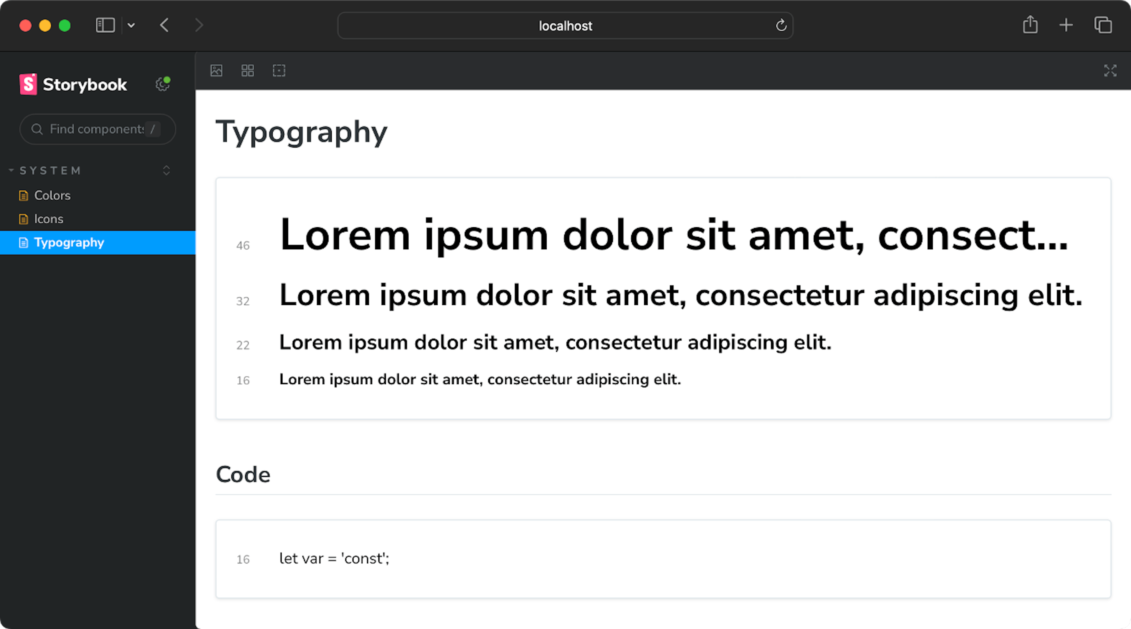 Storybook component library showing sample typography documentation.