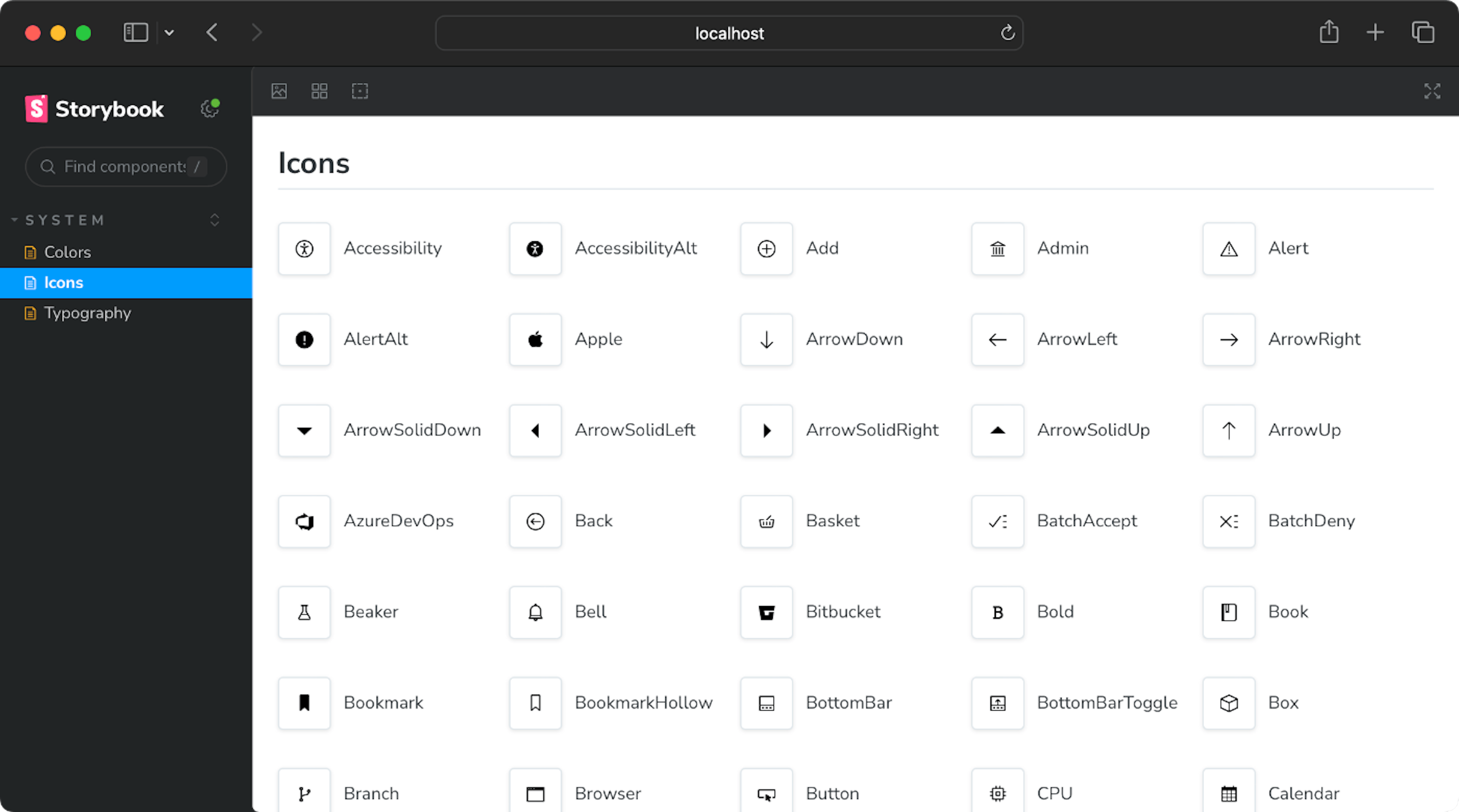 Storybook component library showing sample typography documentation.