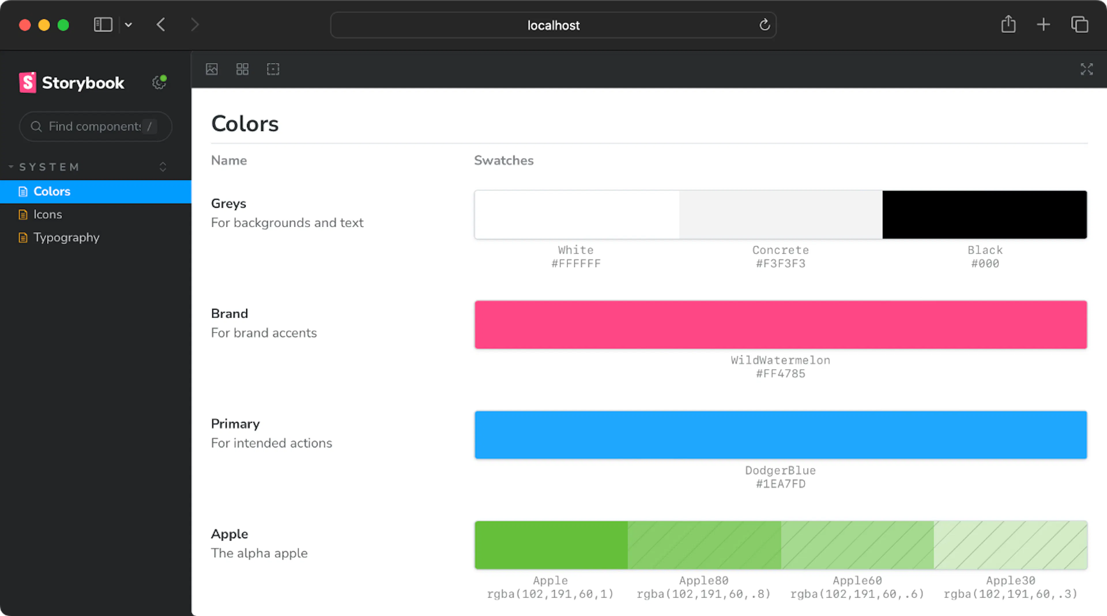 Storybook component library showing sample color-system documentation.