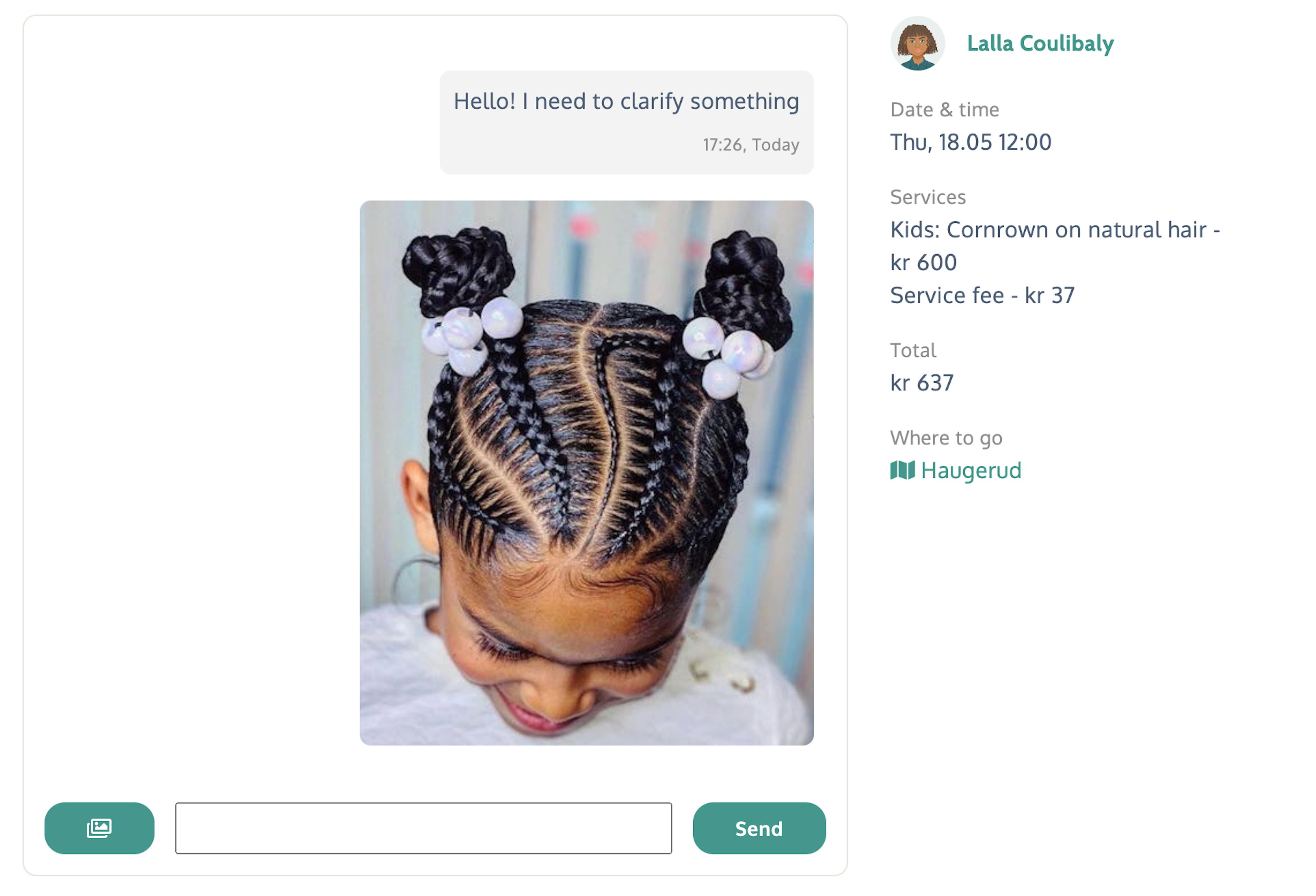 Chat example in Norwegian hairdresser marketplace https://www.thedaba.com/