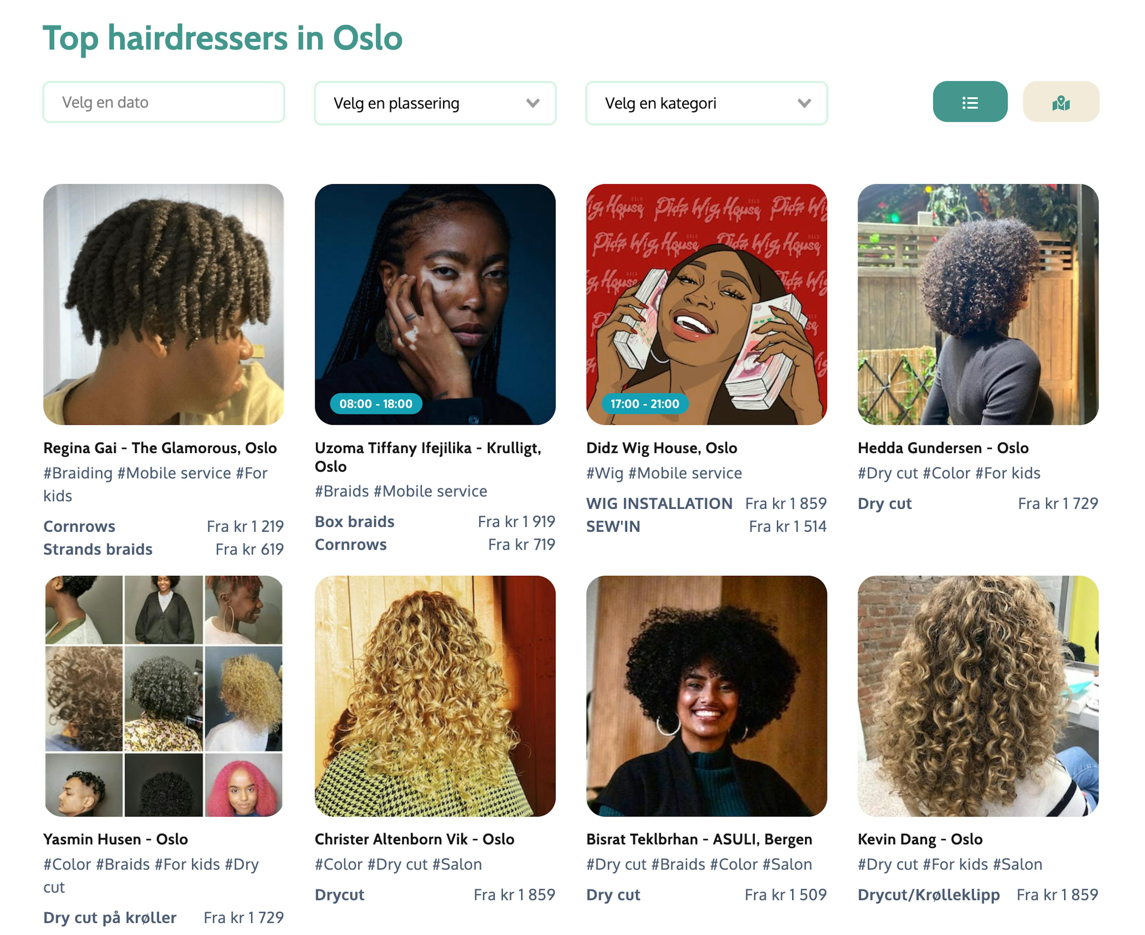 Listing example in Norwegian hairdresser marketplace https://www.thedaba.com/