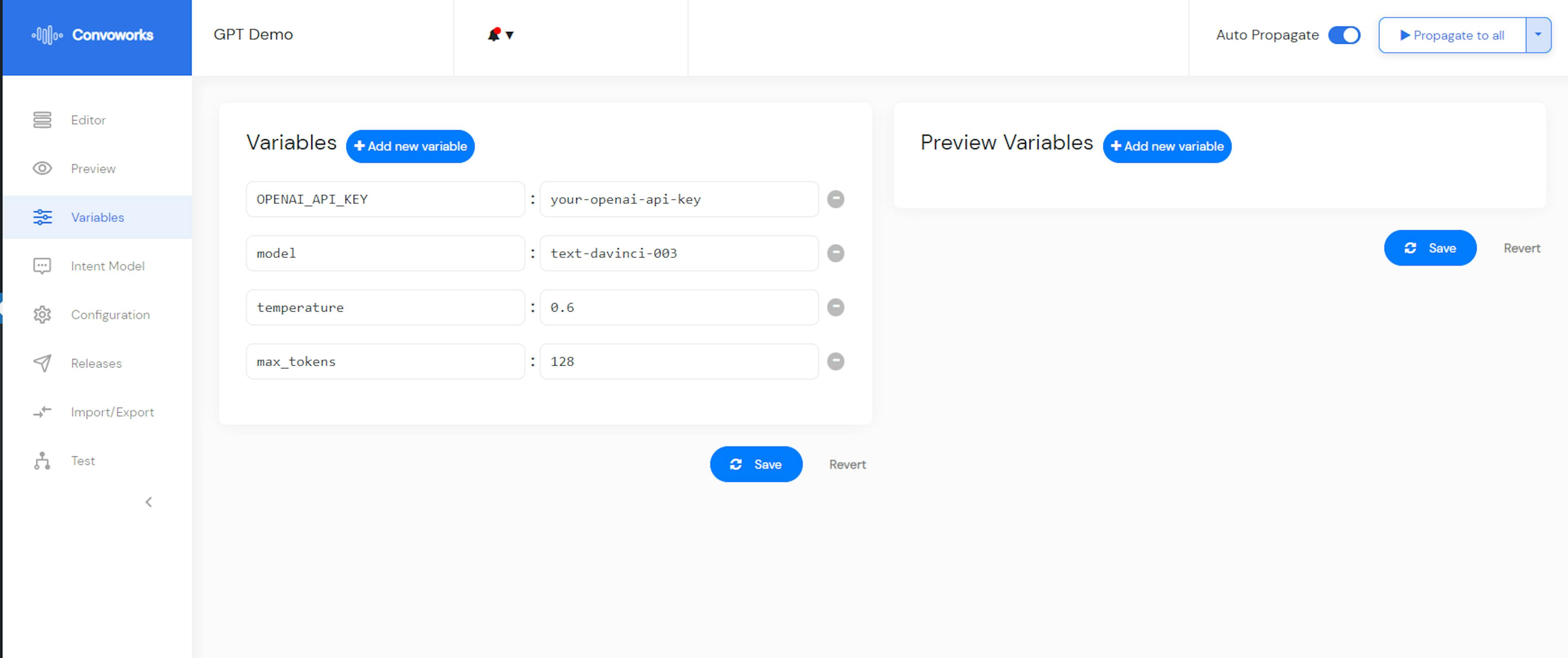 OpenAI GPT API configuration in the Convoworks service