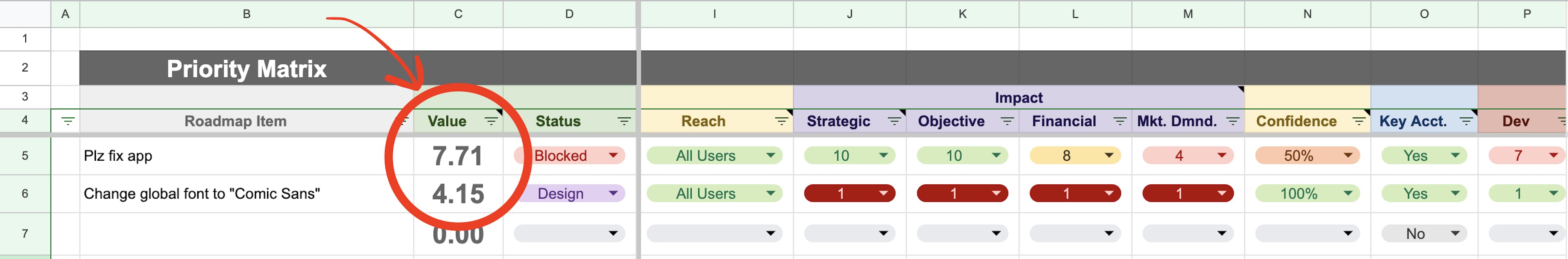 Product Management Priority Matrix Google Sheet Template - Final Value Calculation