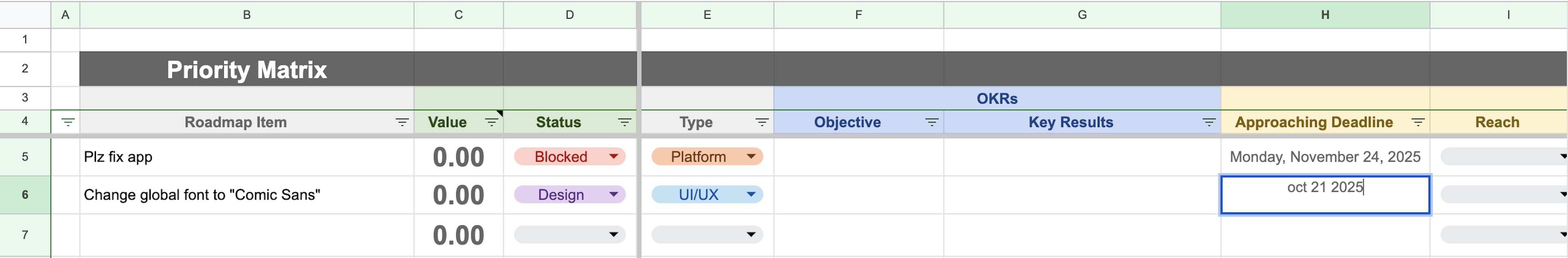 Product Management Priority Matrix Google Sheets Template - Approaching Deadline Calculation