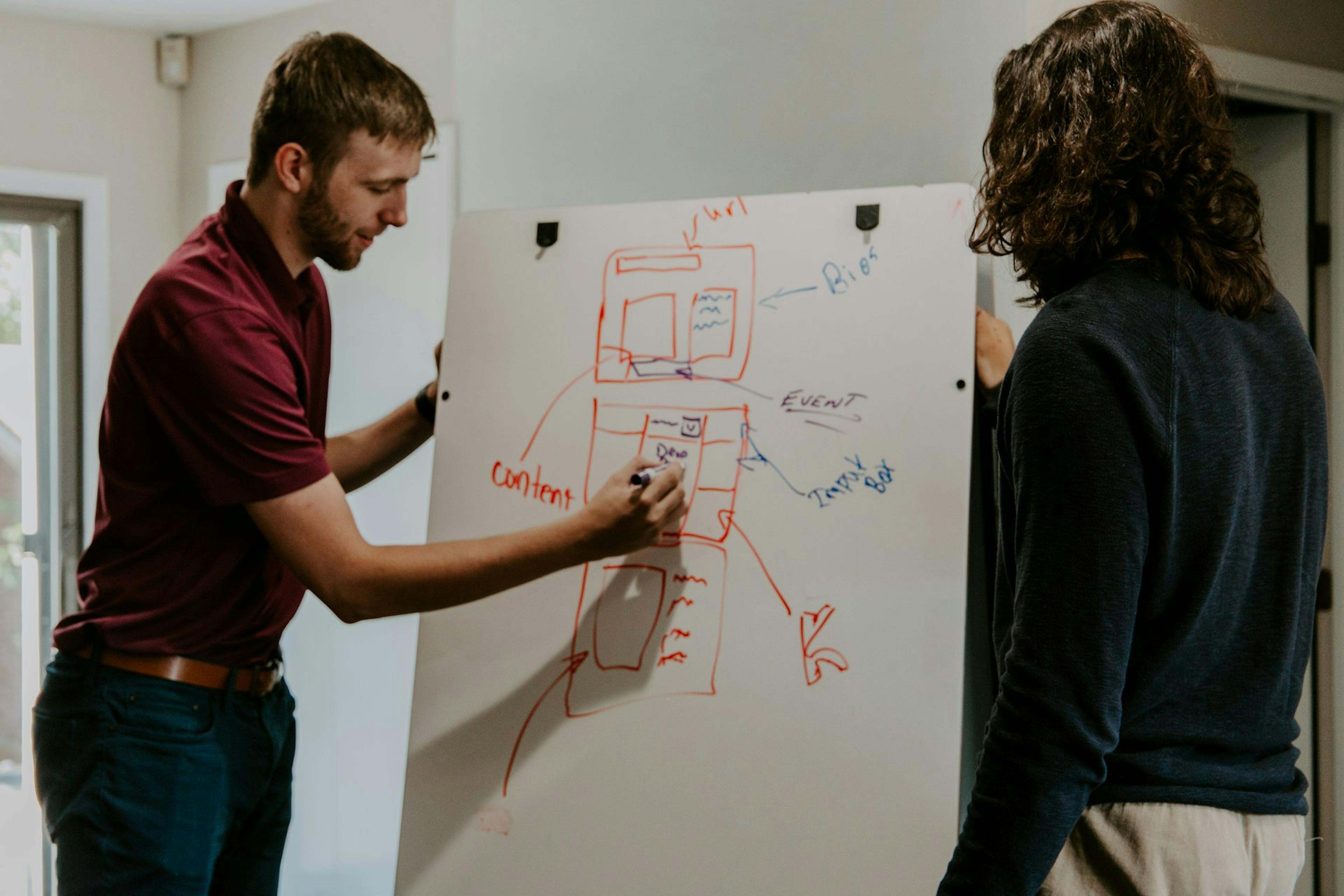Two people collaborating on a content model visualization on a whiteboard.