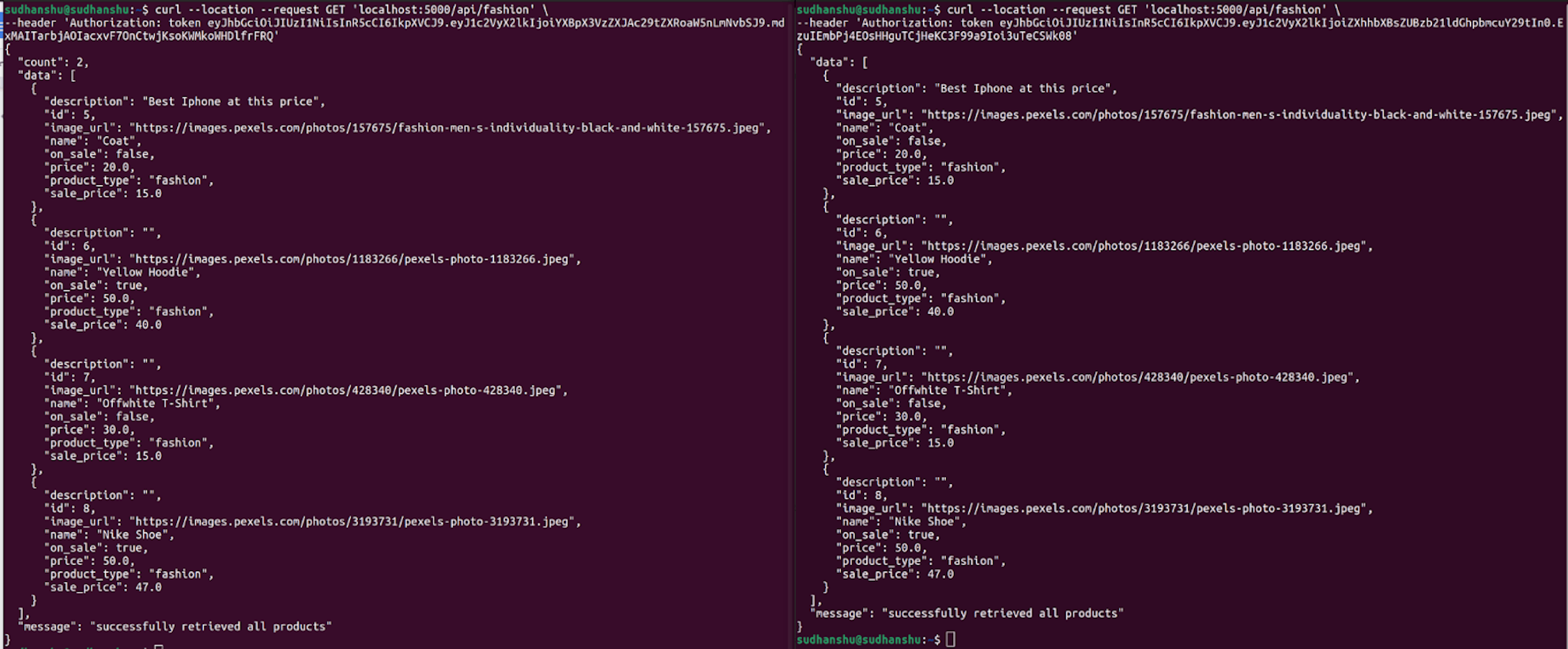 API response comparison for two users