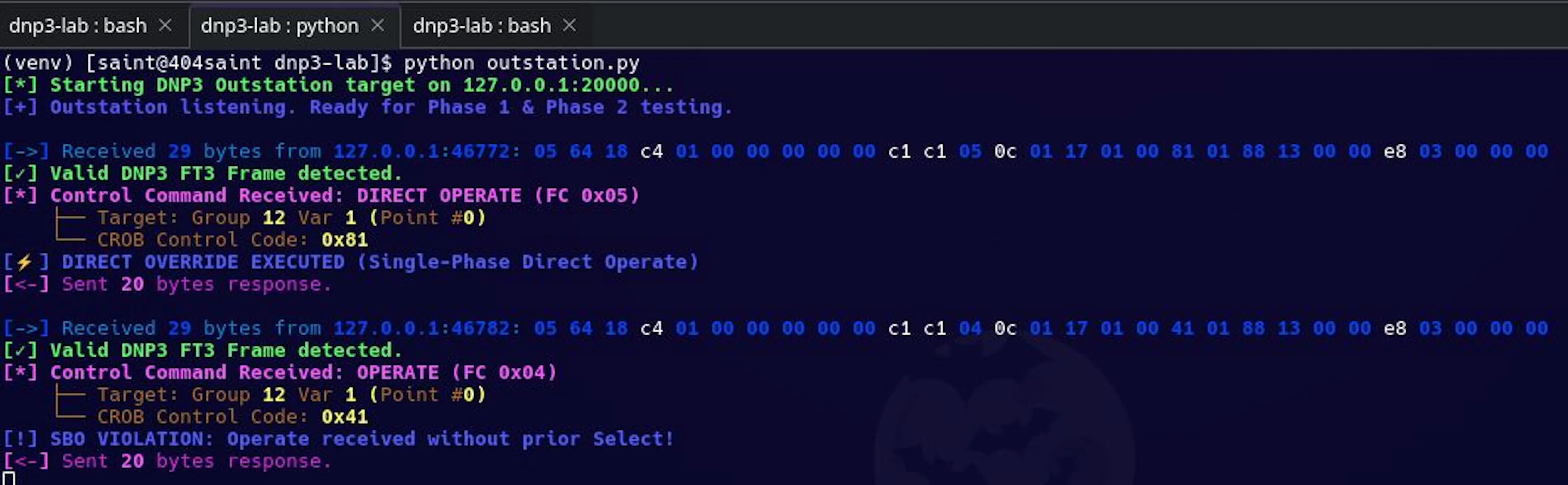 Figure 4. The outstation detecting an invalid Operate sequence and rejecting the request.