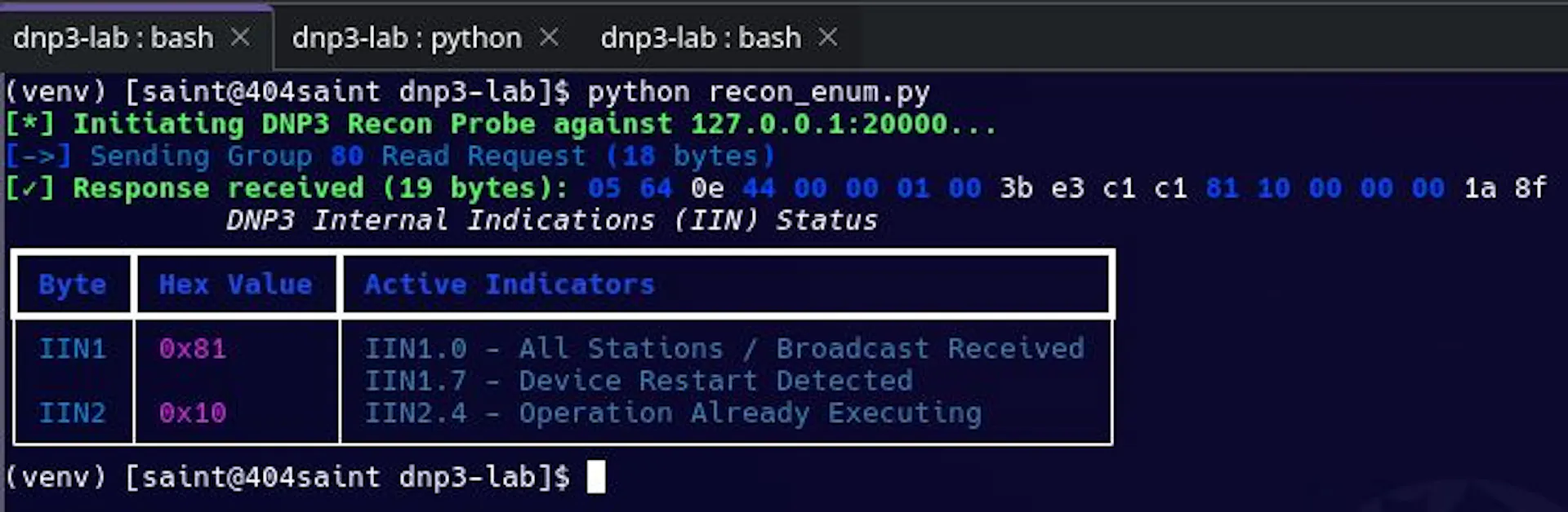 Figure 1. recon_enum.py issuing a Class 0 Integrity Read and decoding the returned Internal Indications.