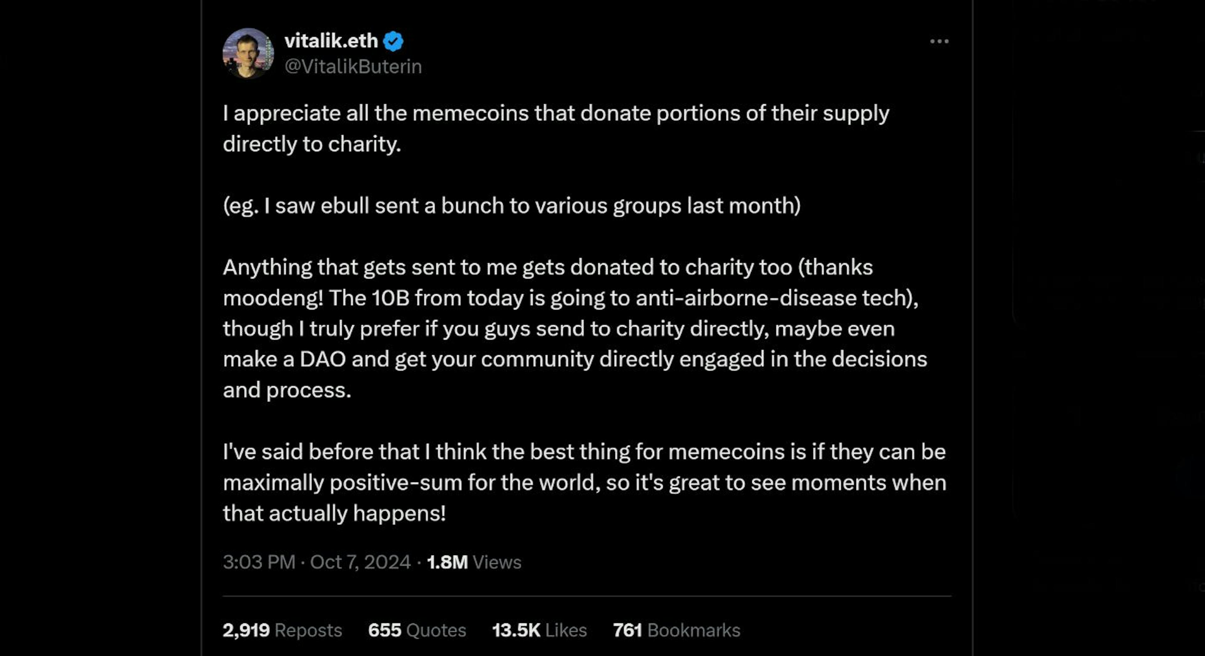 Vitalik's tweet. source: Twitter