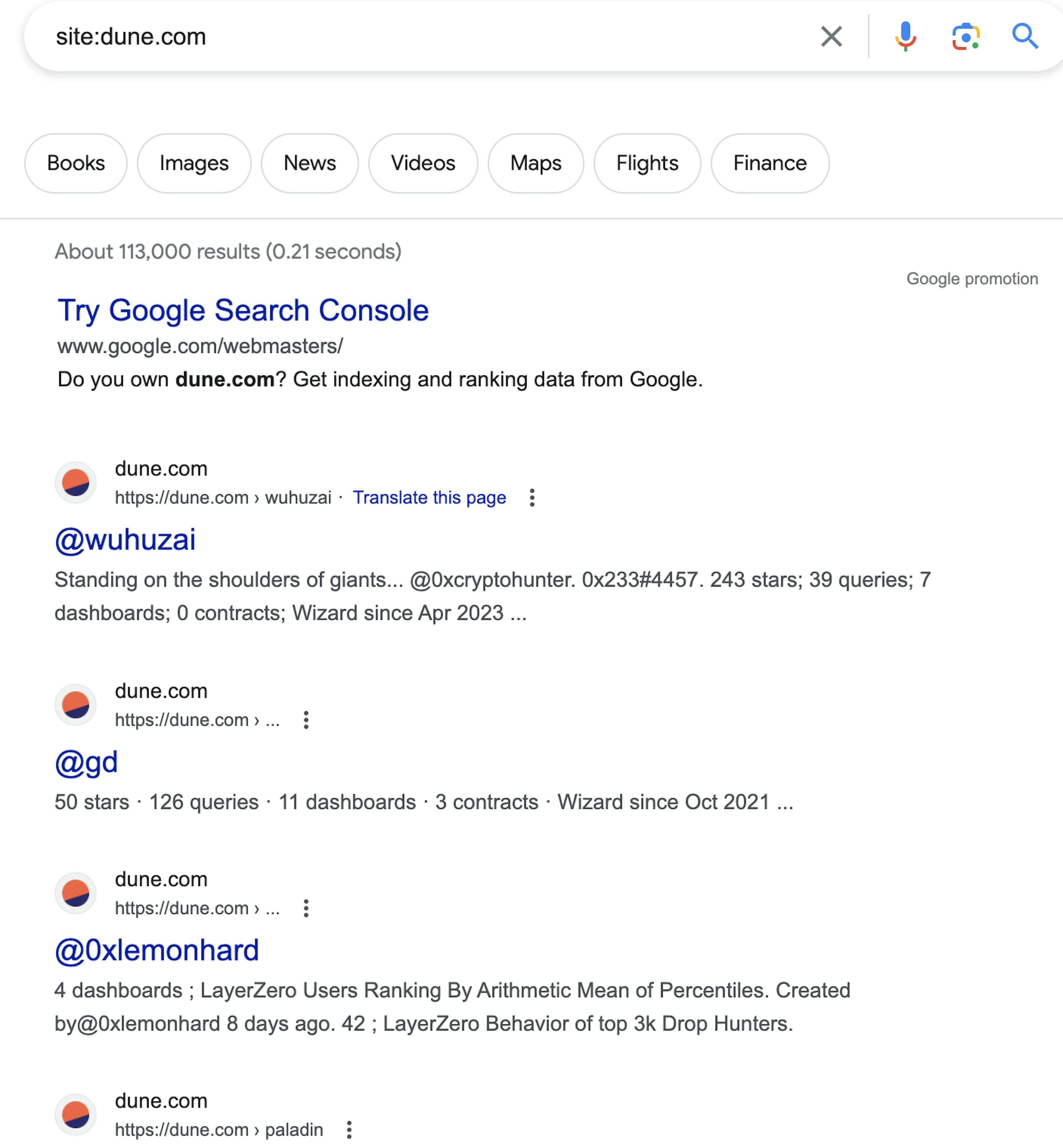 Dune analytics indexed content on Google