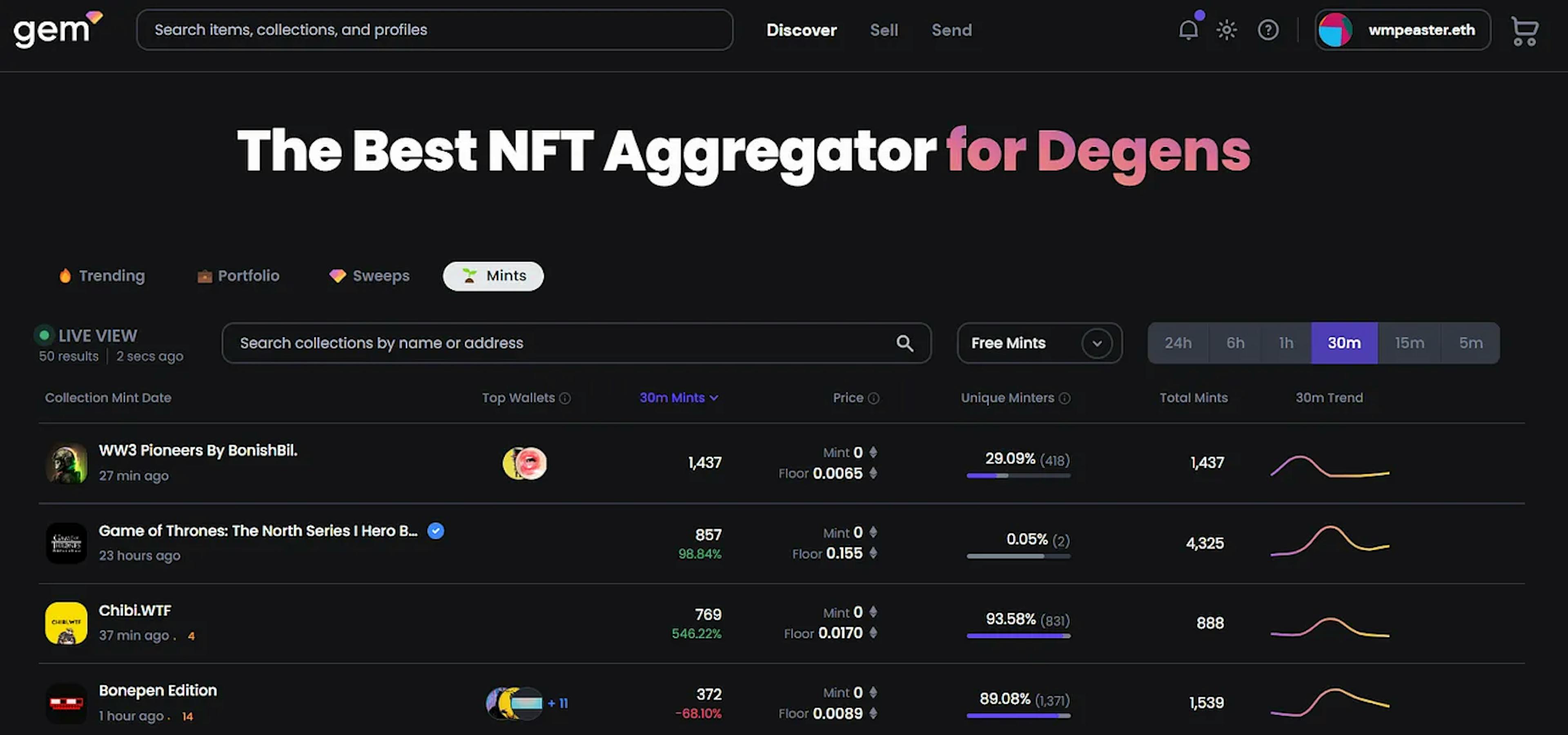 Gem のリアルタイム NFT ミント分析