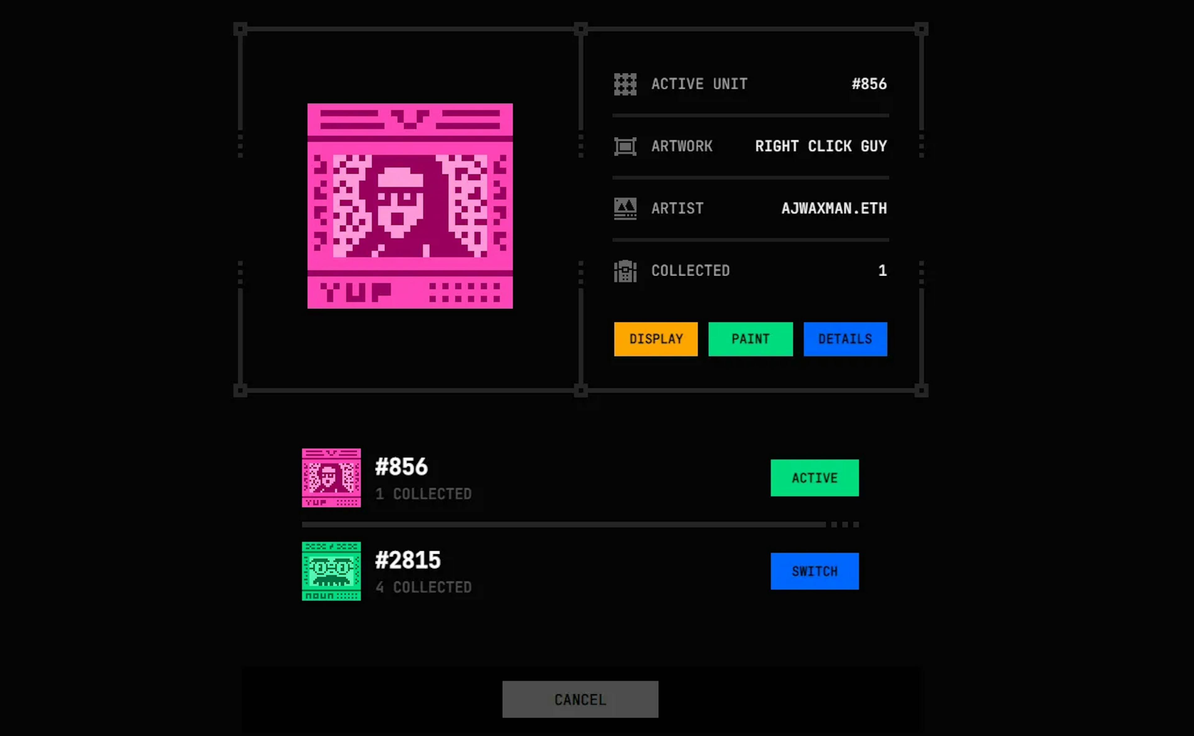 Selecting an OKPC NFT to “paint” on