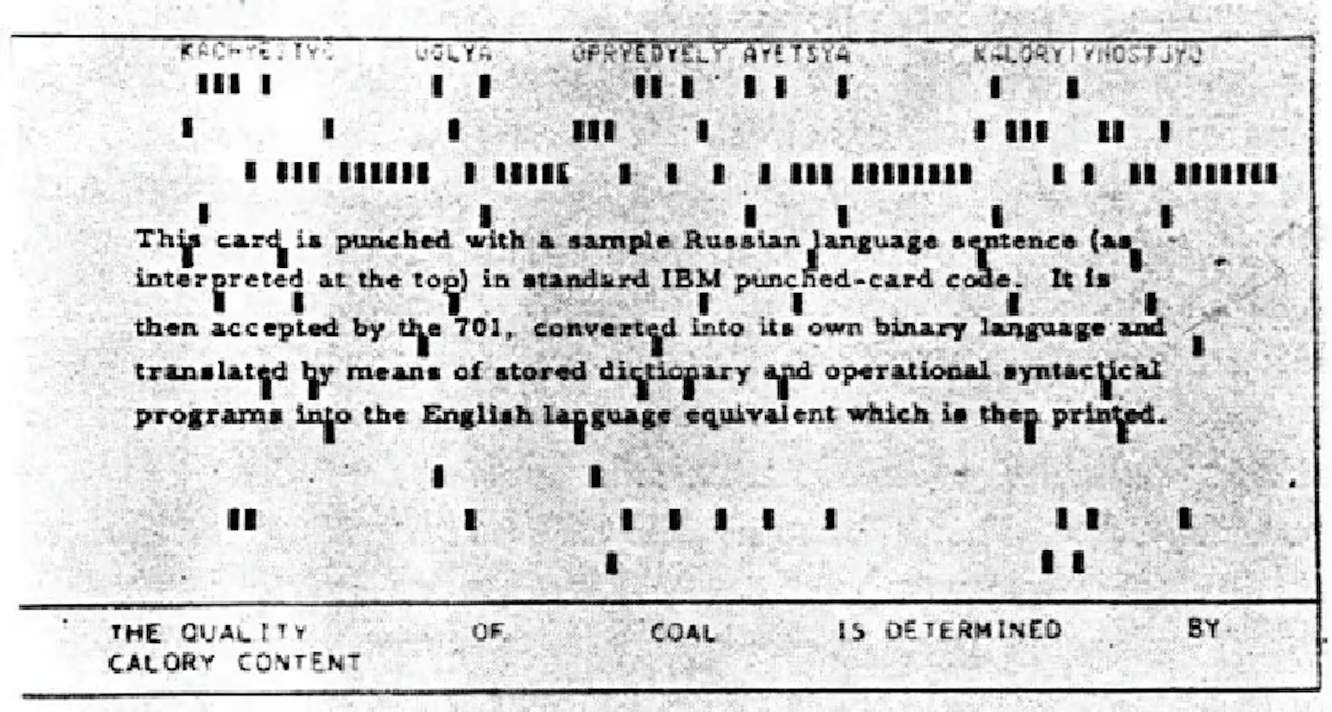 The punched card that was used during the demonstration of the Georgetown Machine