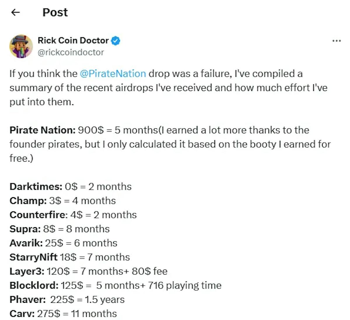 X user “RickCoinDoctor” comparing time spent on Web3 Projects & a leading P2A game “Pirate Nation” https://x.com/rickcoindoctor/status/1861843884701012027