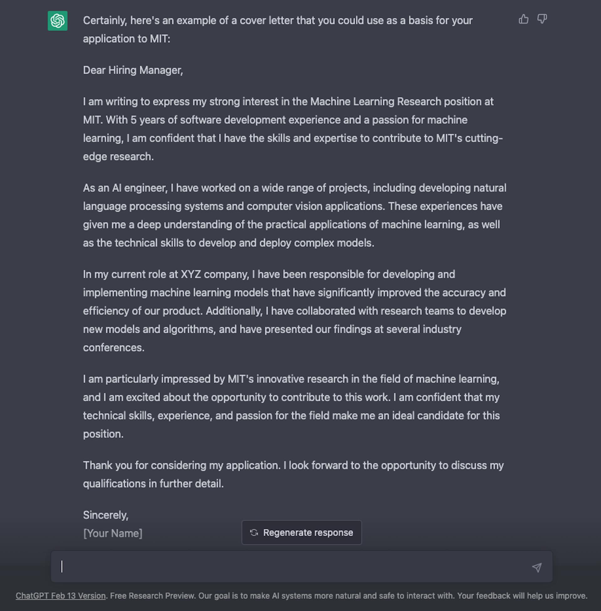 Asking ChatGPT to write a cover letter for me \ Source: author's own screenshot