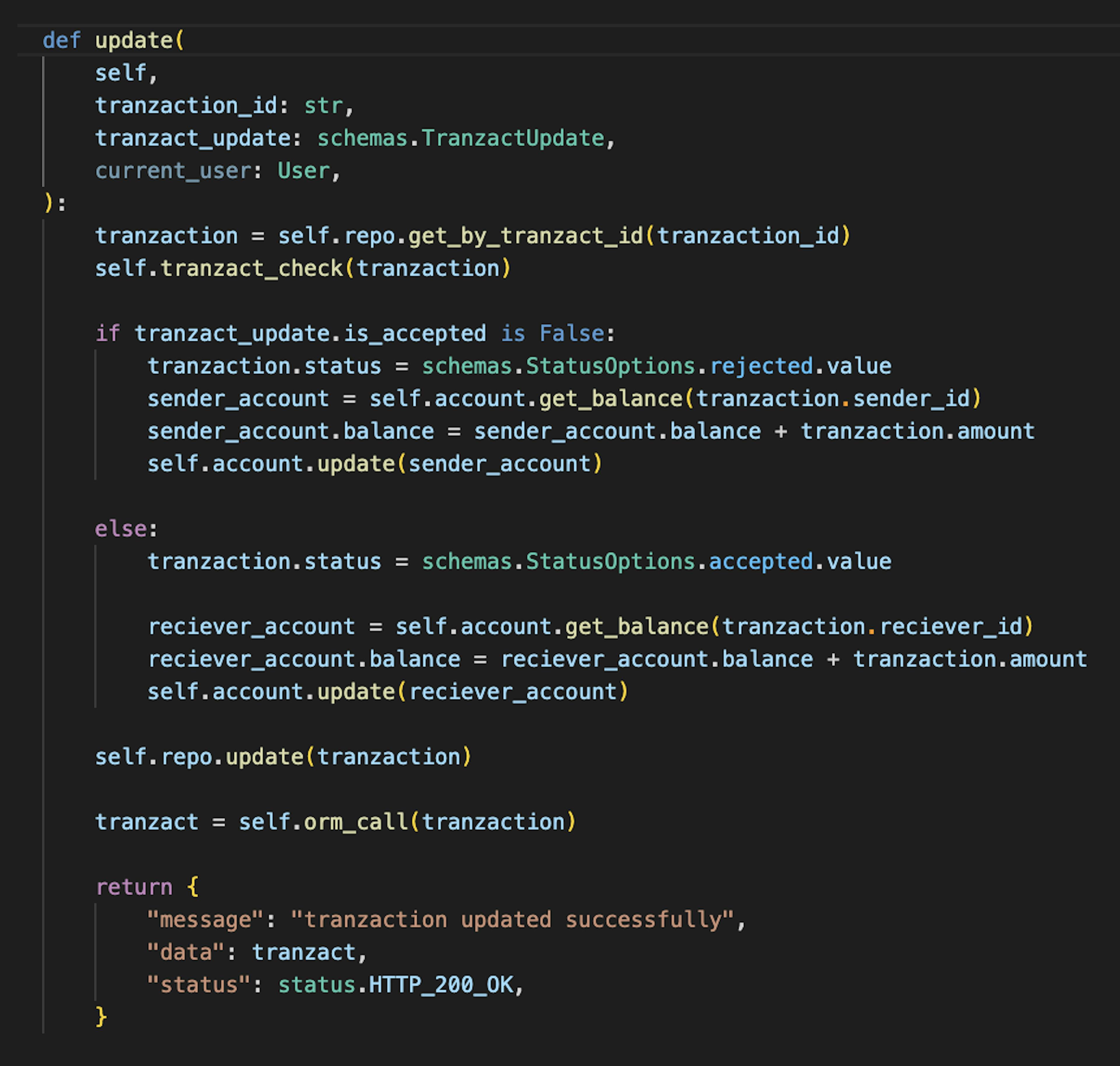 Update method for the transaction service