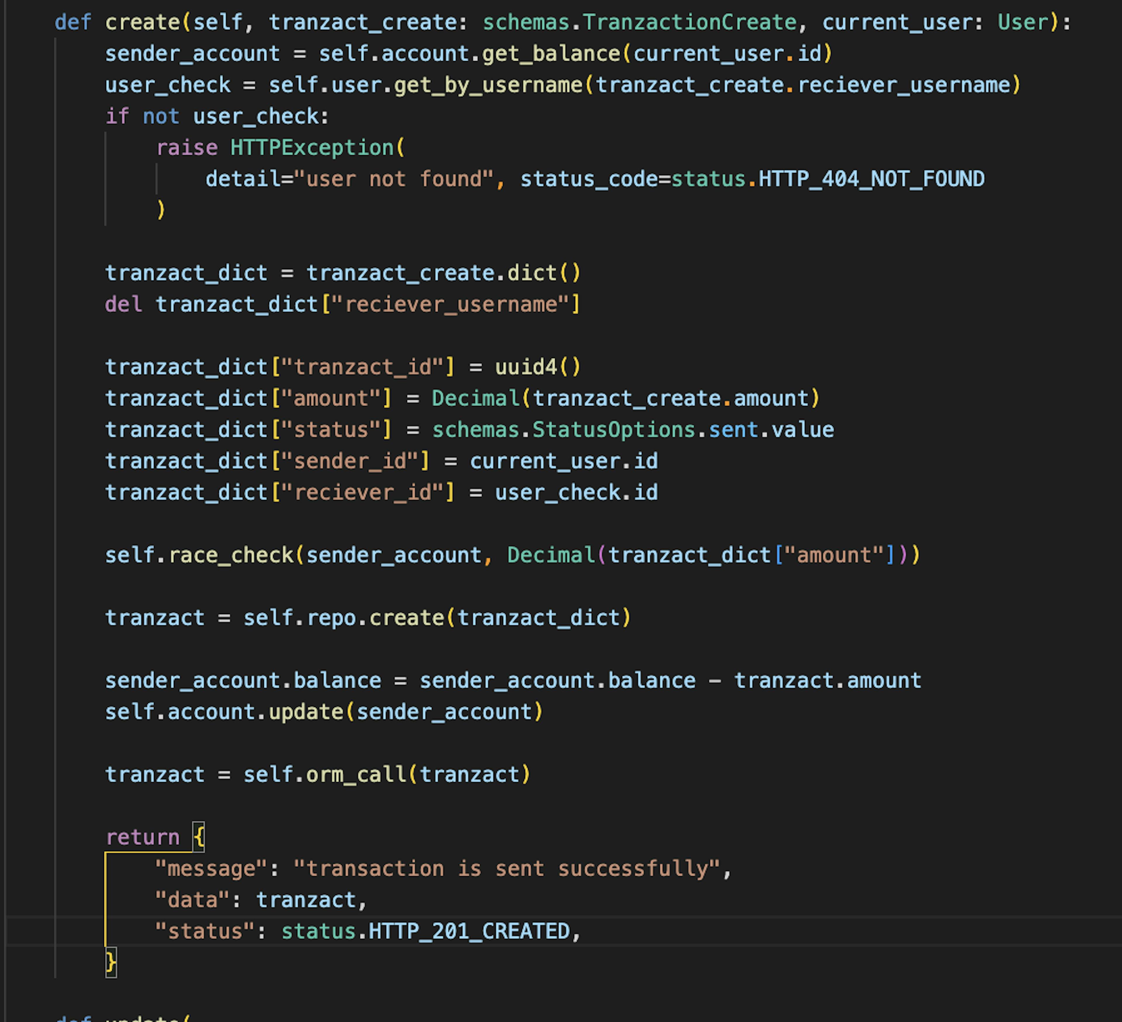 create method in the transaction service