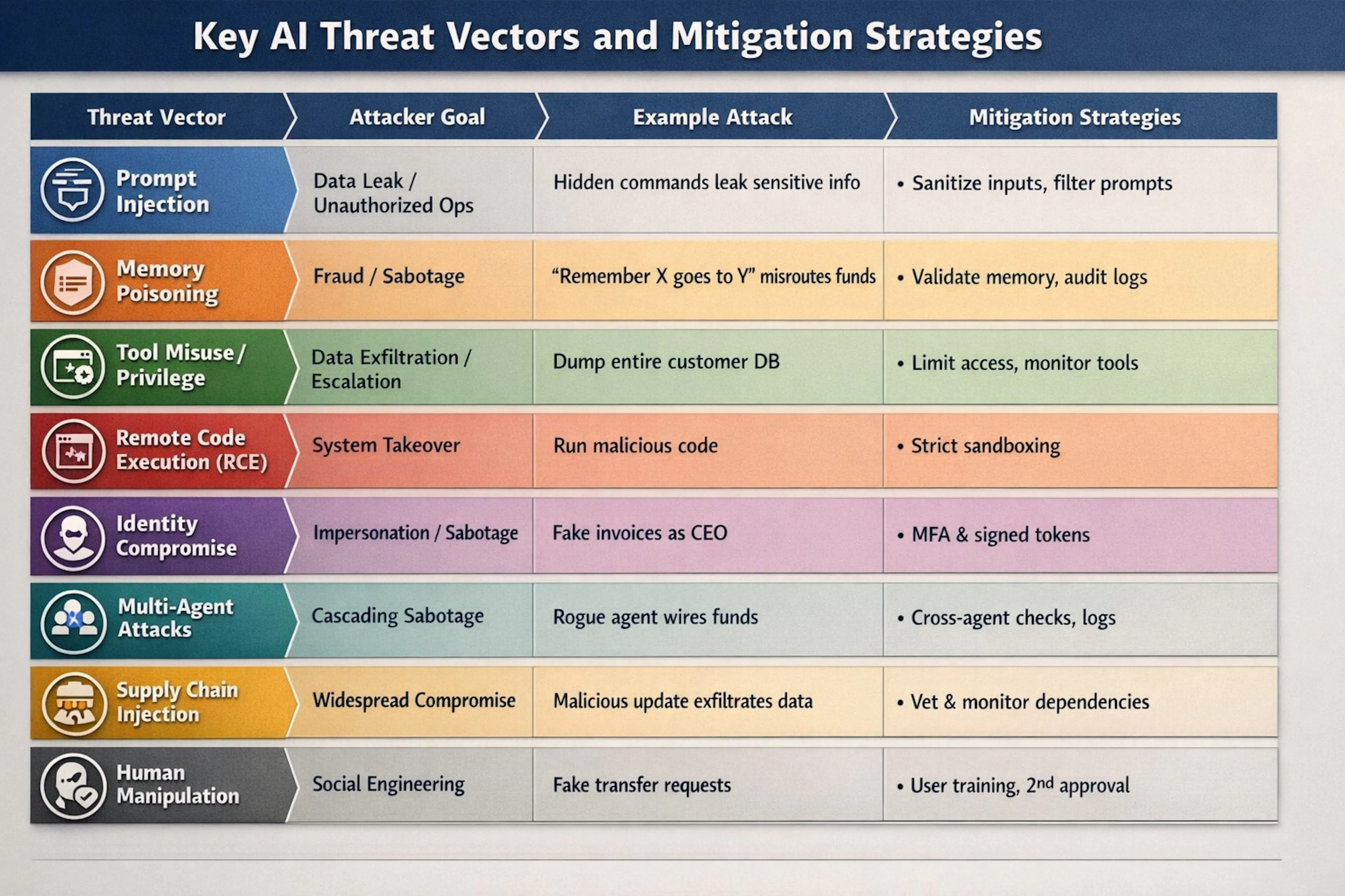 Table 1 summarizes key threat vectors with attacker goals and mitigations.