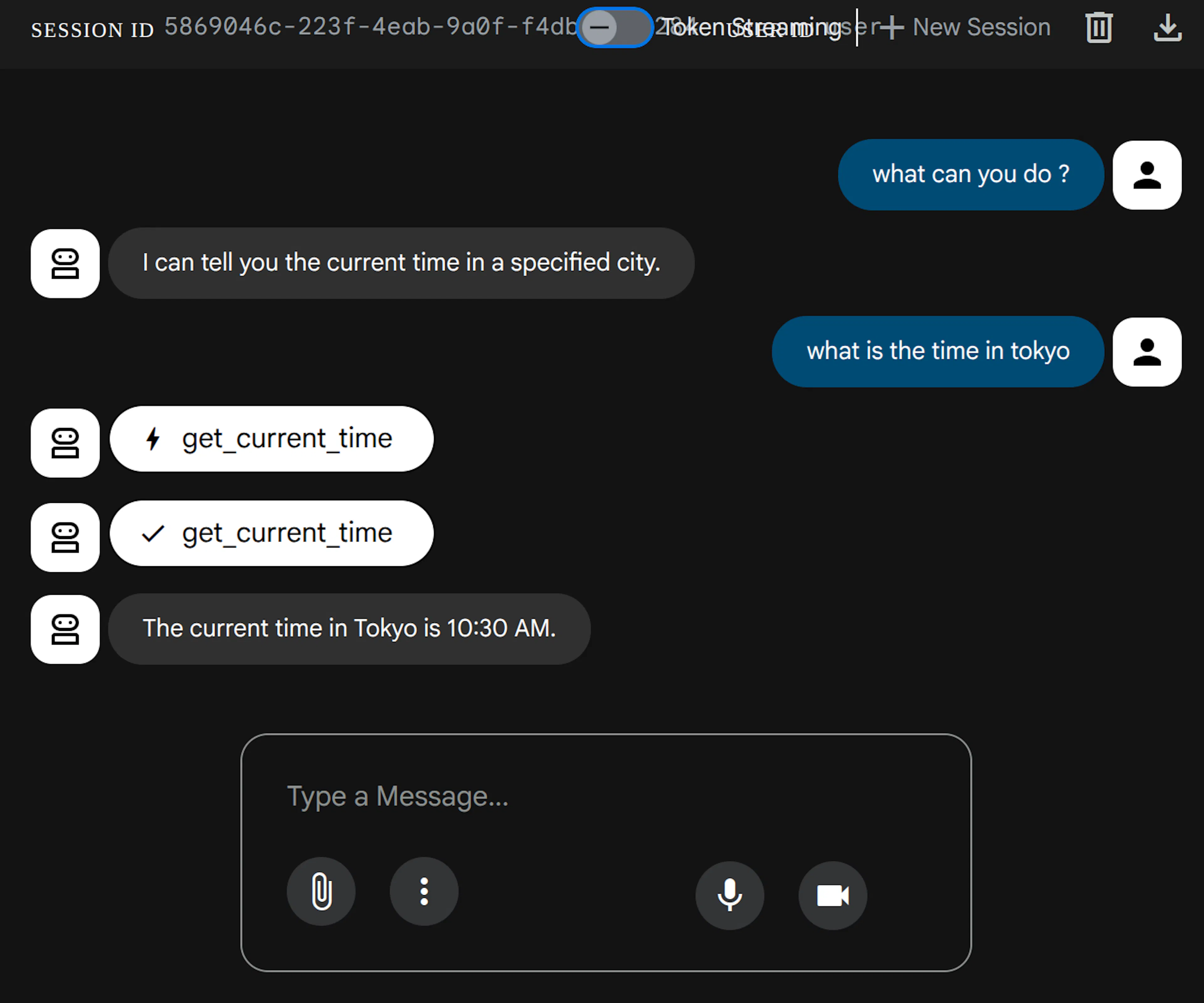 Interactive chat with our agent in ADK web console