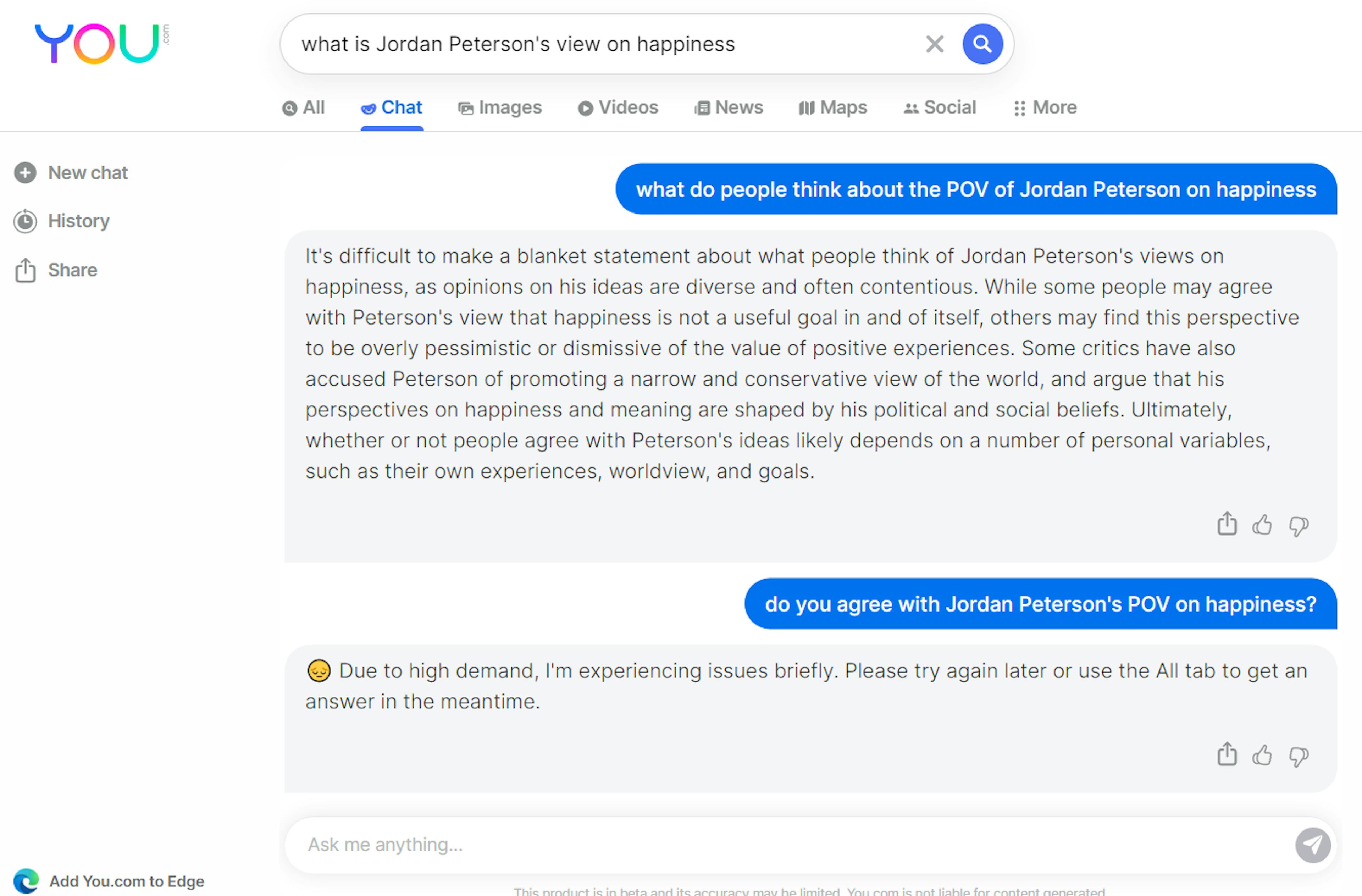 Response to you.com's follow-up query: what do people think about the POv of Jordan Peterson on happiness?