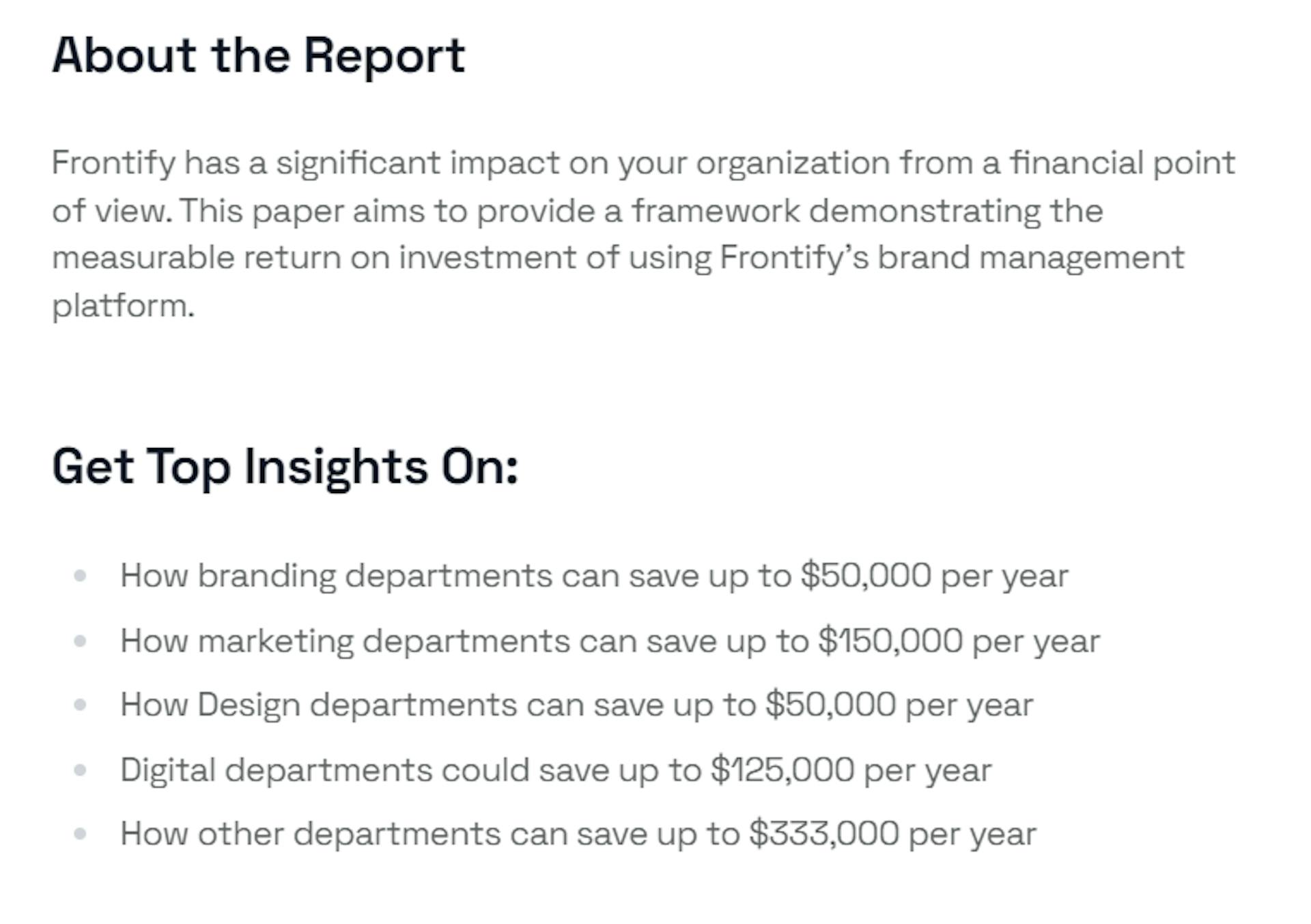Image showing the table of content from Frontify's in-depth guide titled: Save 700k per year: how brand building with software can save companies more than $700,000 a year.
