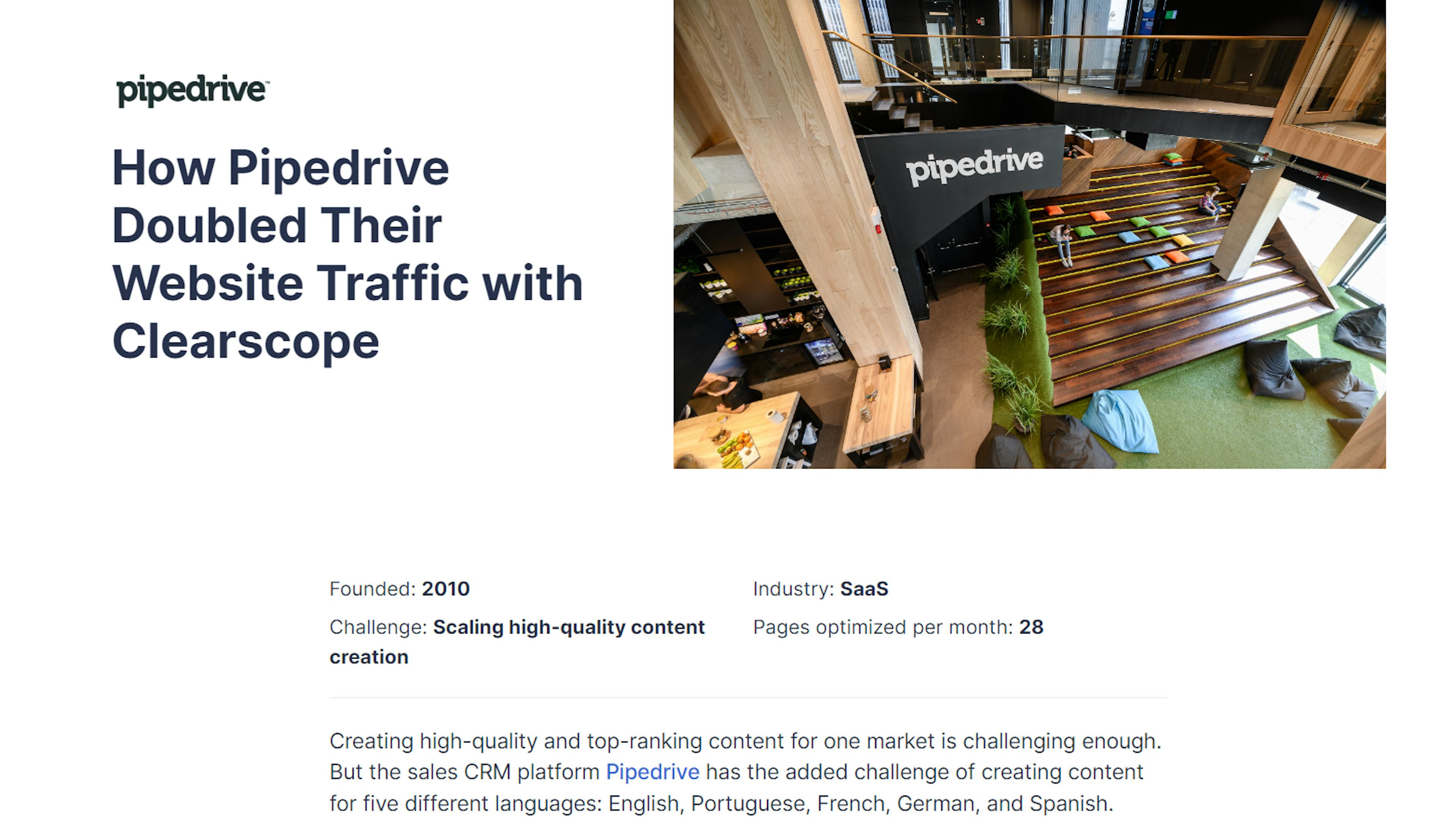 Image showing the first page of the case study: How Pipedrive Doubled their Website Traffic with Clearscope.