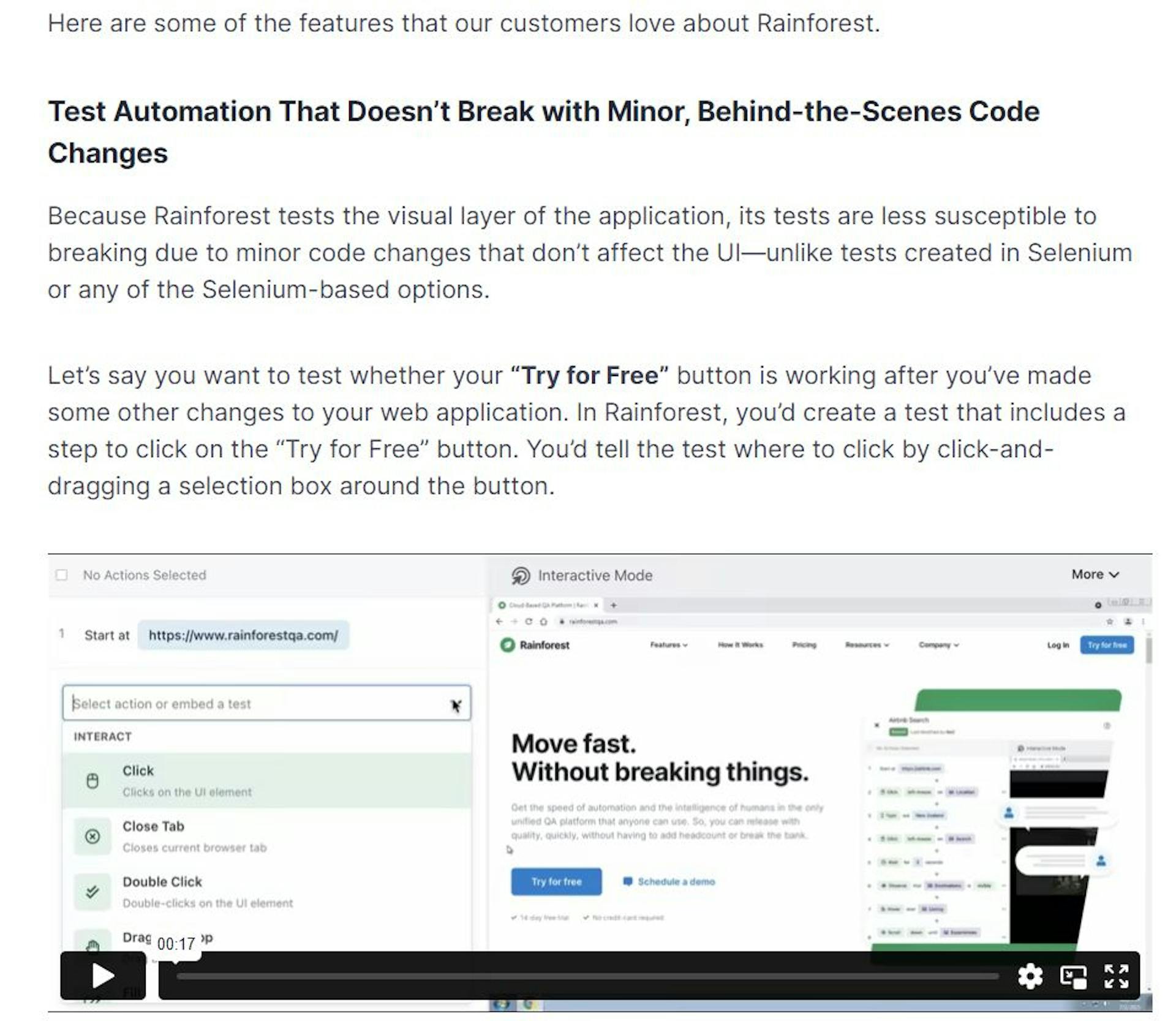 Image showing a screenshot from Rainforest's demo of how their no-code tool helps companies check their code without the expertise of many developers.
